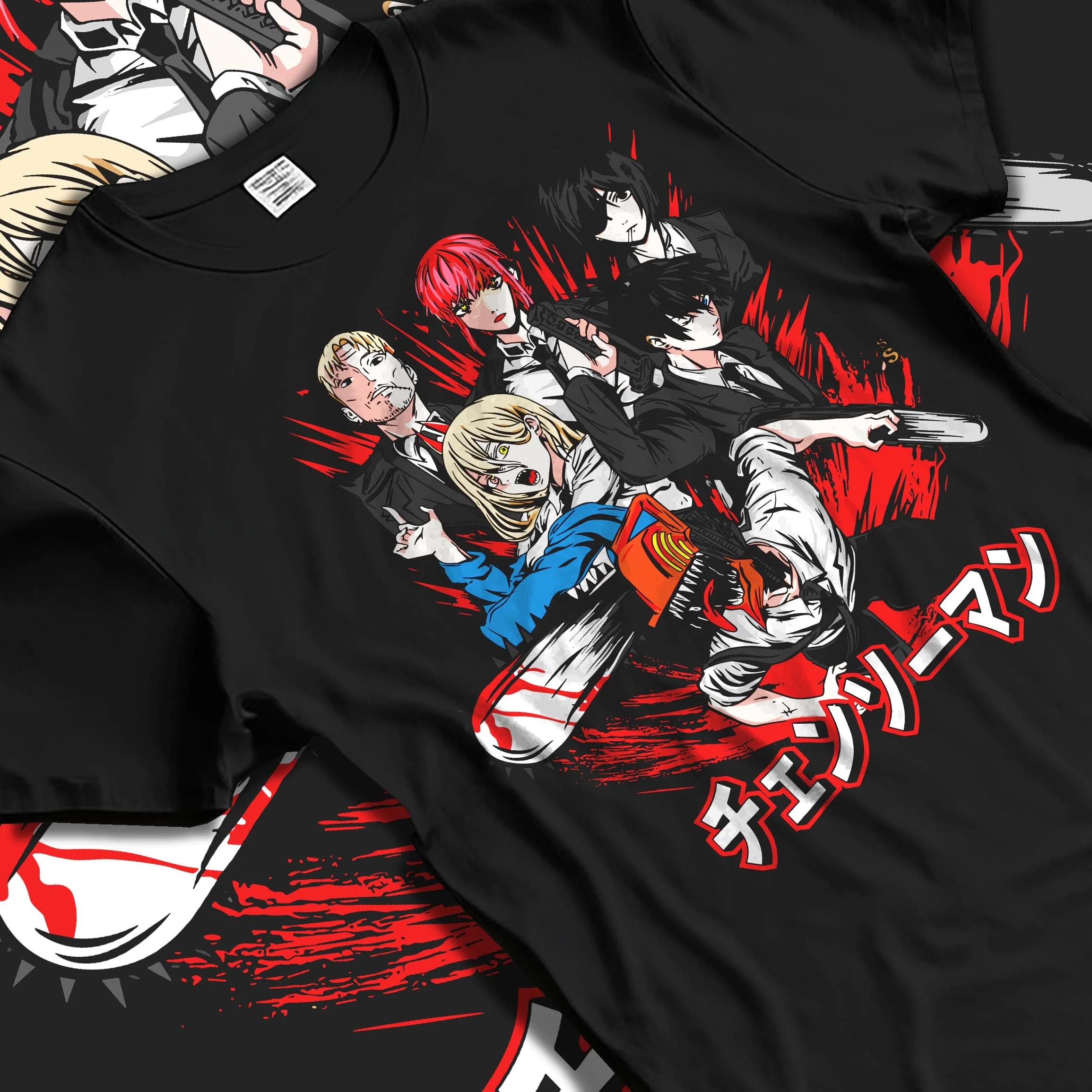 Black T-shirt laid flat with natural folds with Chainsaw Man Hoodie Katana Man Devil Hunter Villain graphic bold anime graphic.