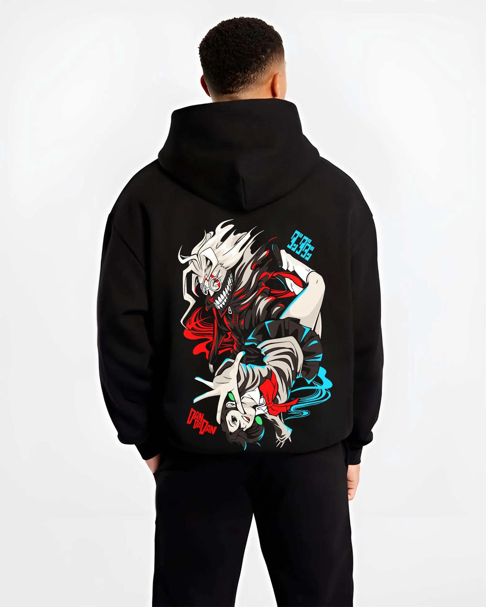 Black hoodie worn by male model, back view with Jujutsu Kaisen Hoodie Yuji Itadori Choso Jumper graphic streetwear graphic.
