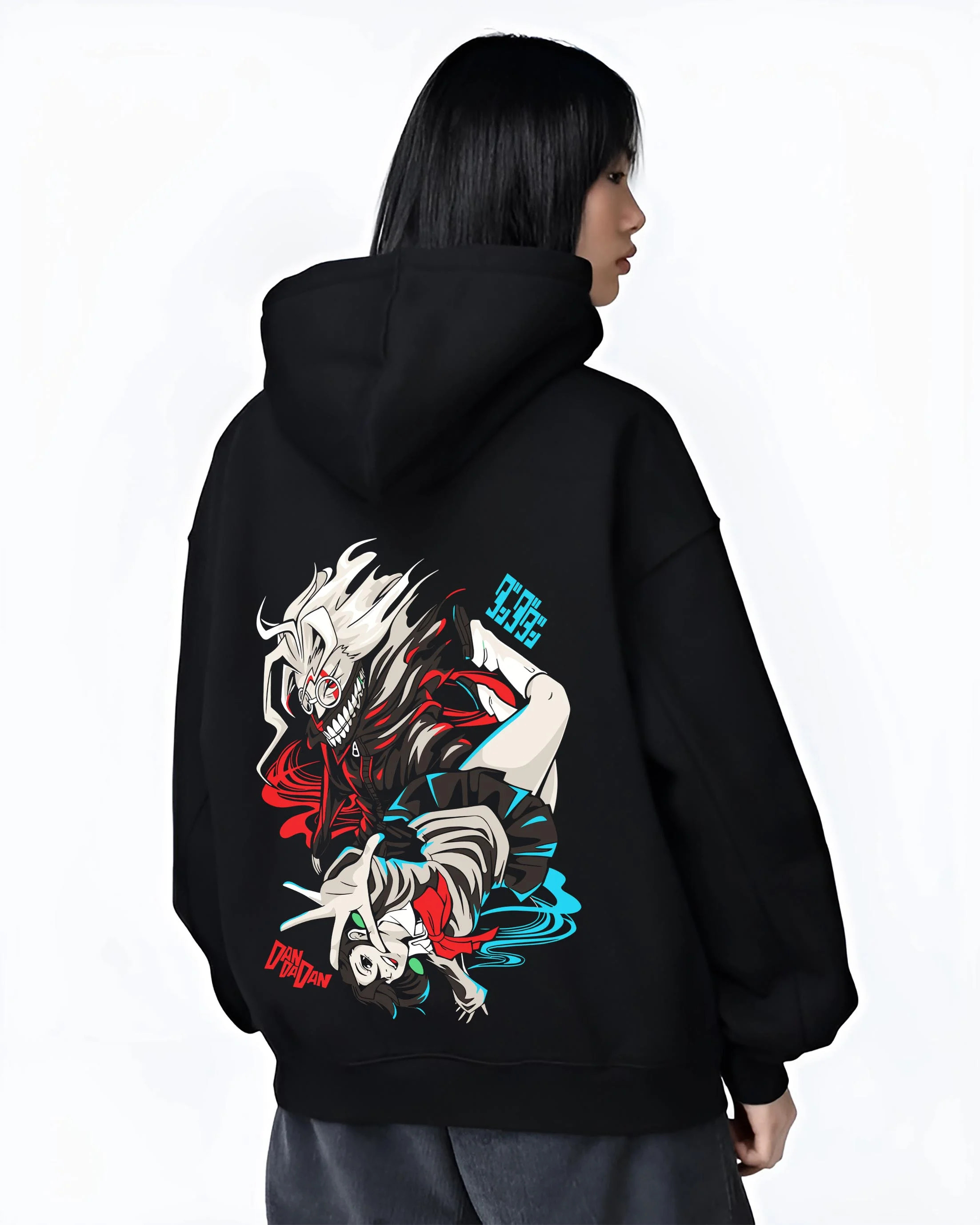 Black hoodie worn by female model, back view with Jujutsu Kaisen Hoodie Yuji Itadori Choso Jumper graphic premium wear.