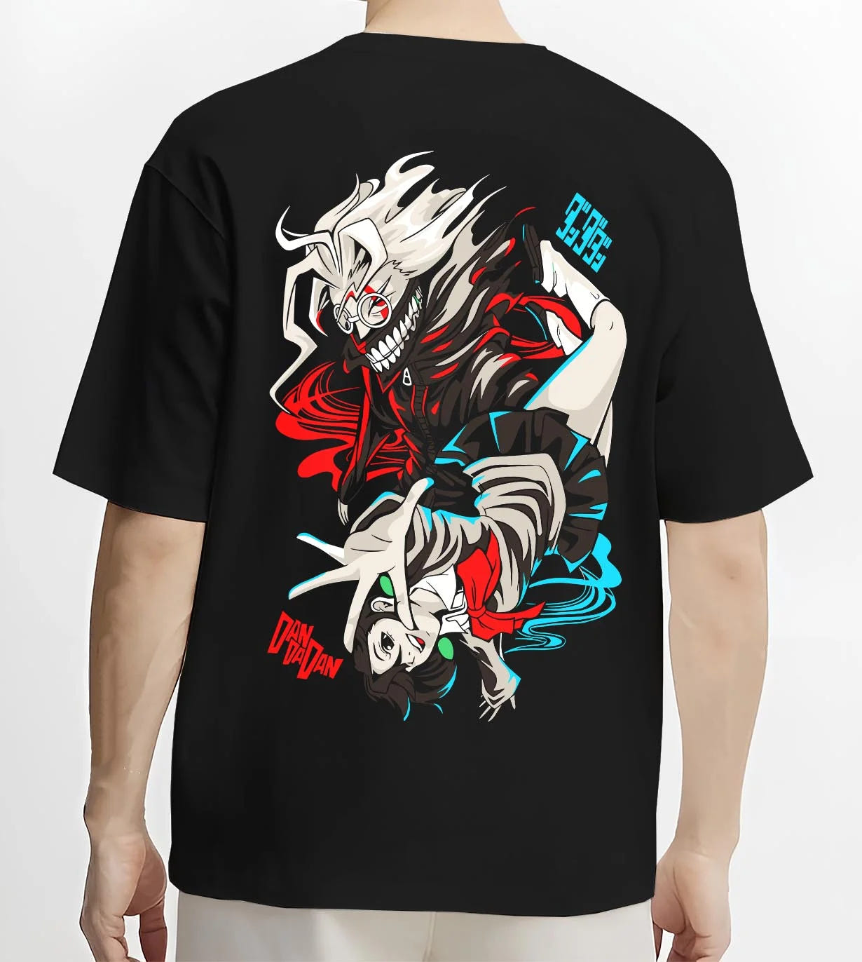 Black T-shirt worn by male model, back view with Jujutsu Kaisen Hoodie Yuji Itadori Choso Jumper graphic premium wear.