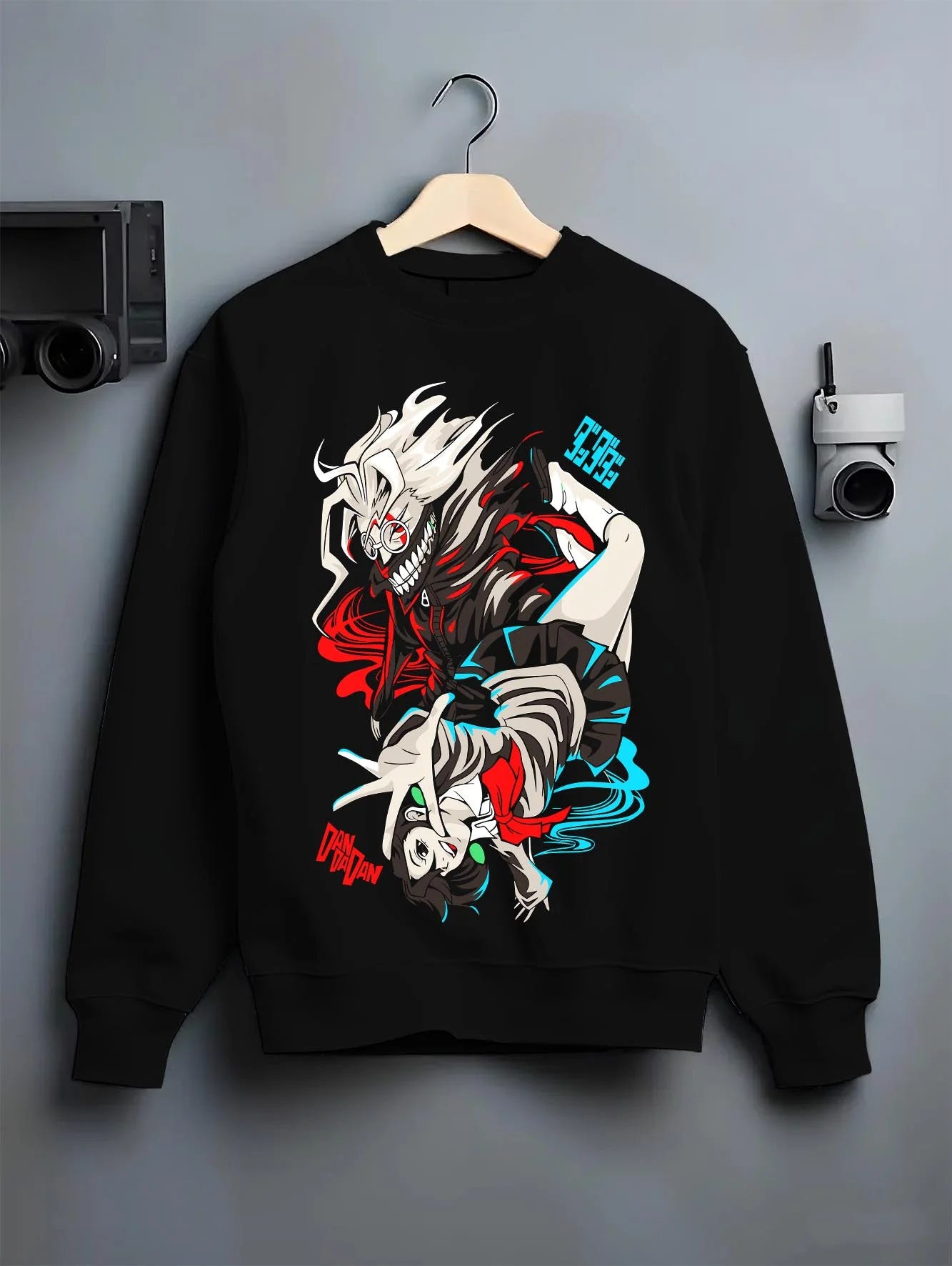 Black crewneck sweatshirt on hanger with Jujutsu Kaisen Hoodie Yuji Itadori Choso Jumper graphic streetwear graphic.