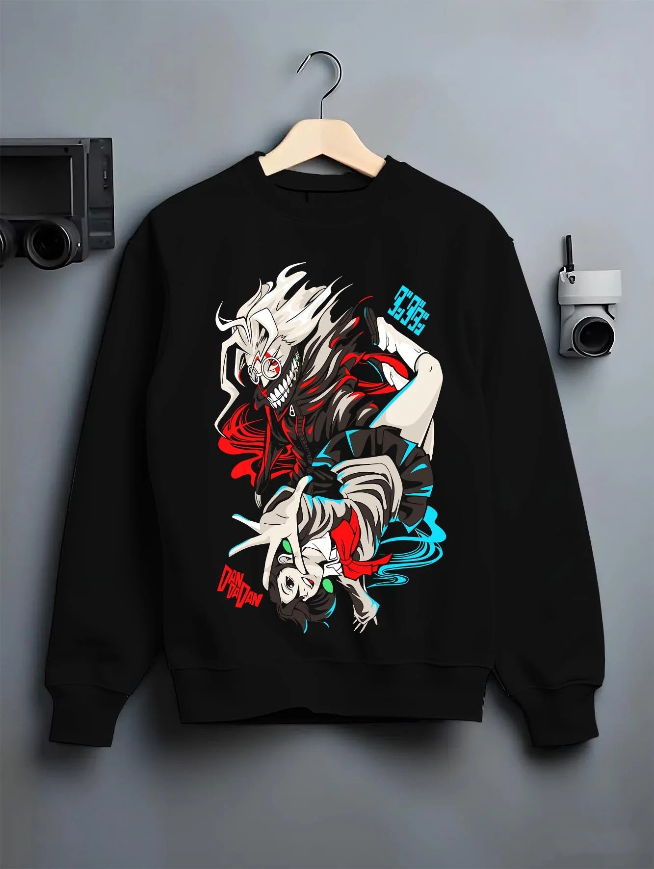 Black crewneck sweatshirt on hanger with Jujutsu Kaisen Hoodie Yuji Itadori Choso Jumper graphic streetwear graphic.