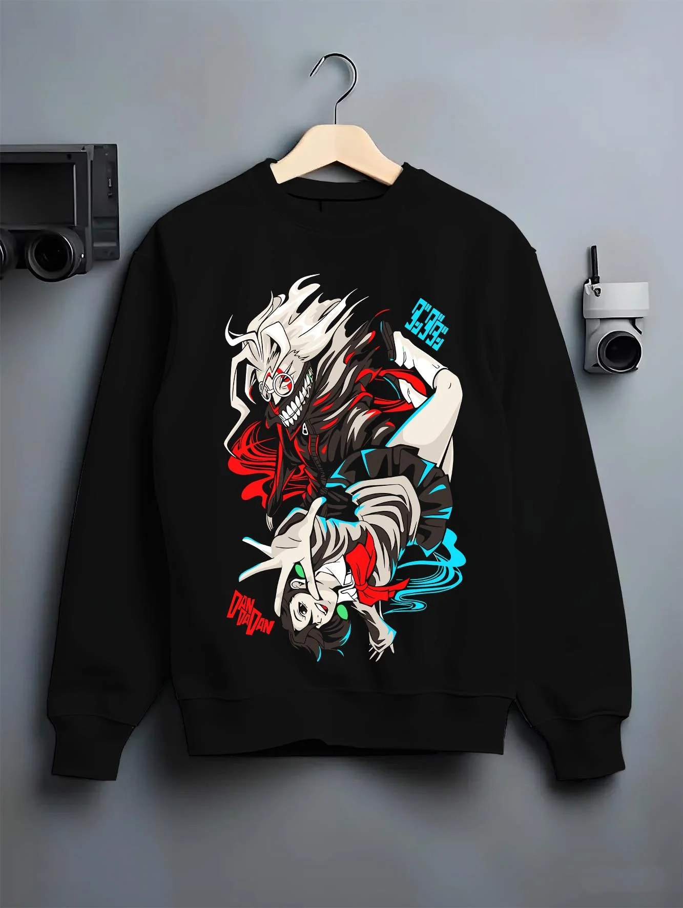 Black crewneck sweatshirt on hanger with Jujutsu Kaisen Hoodie Yuji Itadori Choso Jumper graphic streetwear graphic.