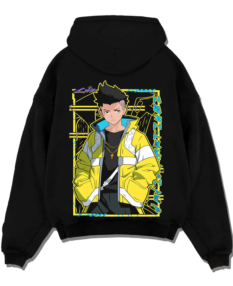 Black pullover hoodie laid flat with David Cyberpunk Edgerunners Hoodie Martinez Anime graphic bold anime graphic.