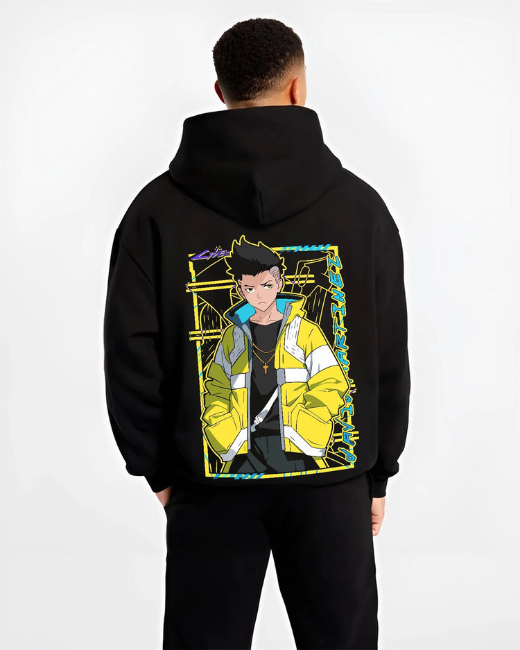 Black hoodie worn by male model, back view with David Cyberpunk Edgerunners Hoodie Martinez Anime graphic bold anime graphic.