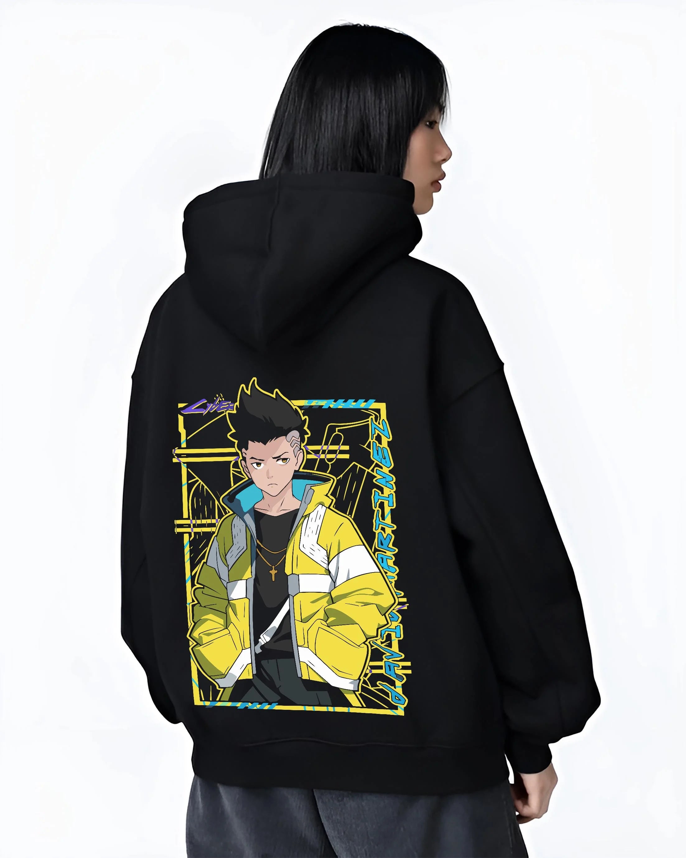 Black hoodie worn by female model, back view with David Cyberpunk Edgerunners Hoodie Martinez Anime graphic premium wear.