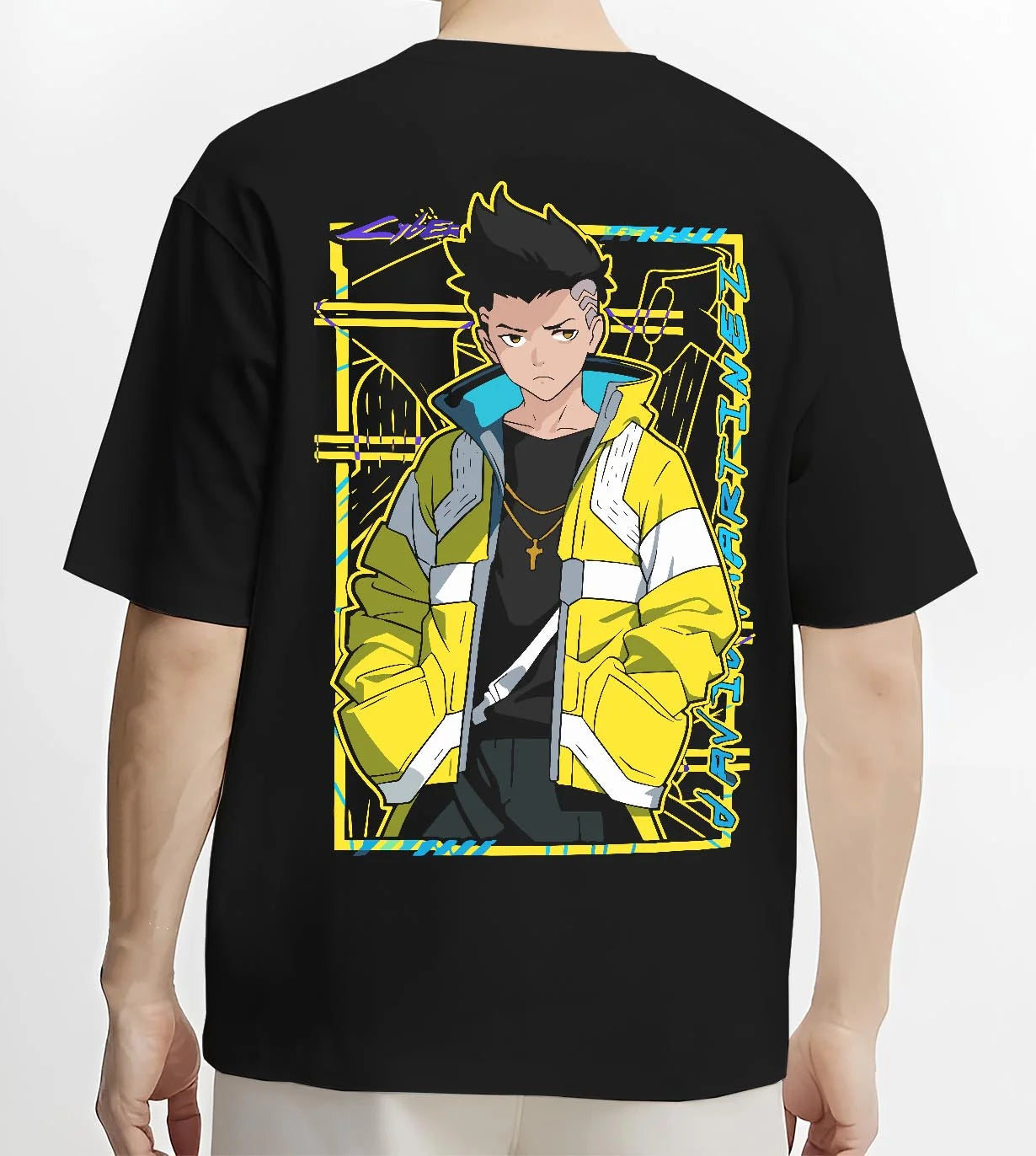 Black T-shirt worn by male model, back view with David Cyberpunk Edgerunners Hoodie Martinez Anime graphic bold anime graphic.