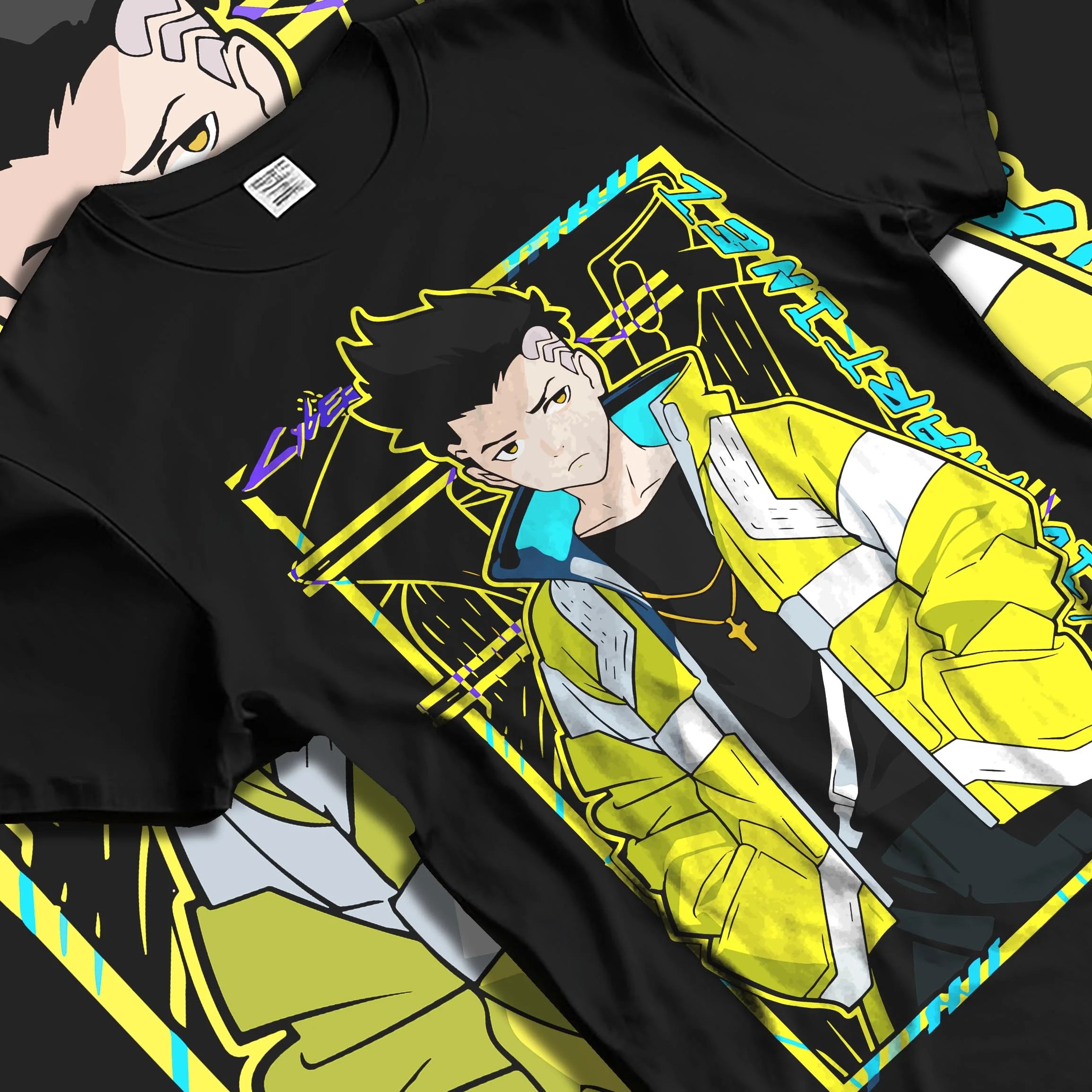Black T-shirt laid flat with natural folds with David Cyberpunk Edgerunners Hoodie Martinez Anime graphic streetwear graphic.