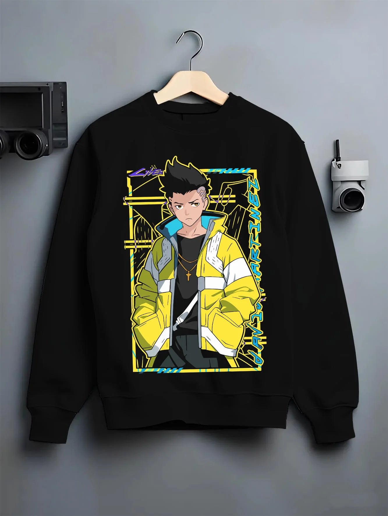 Black crewneck sweatshirt on hanger with David Cyberpunk Edgerunners Hoodie Martinez Anime graphic streetwear graphic.