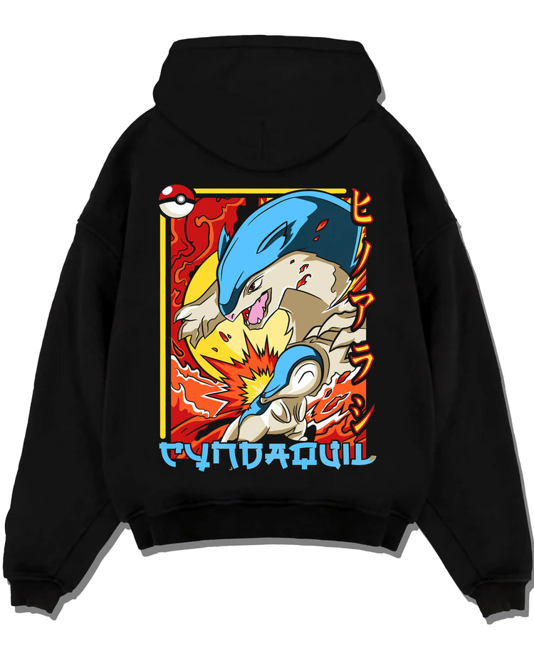 Black pullover hoodie laid flat with Cyndaquil Hoodie Pokémon Retro Fire Starter Flame graphic premium wear.