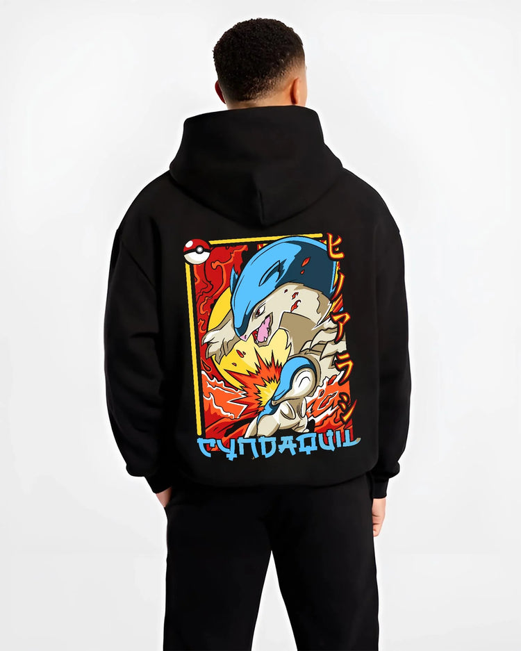 Black hoodie worn by male model, back view with Cyndaquil Hoodie Pokémon Retro Fire Starter Flame graphic premium wear.