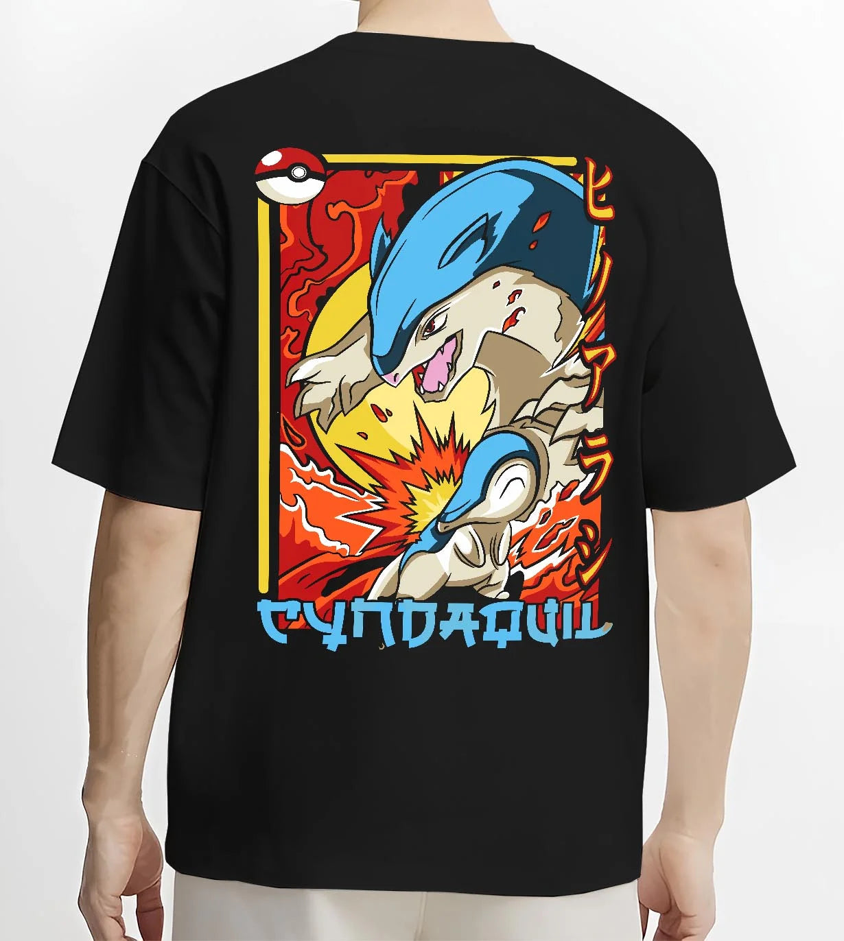 Black T-shirt worn by male model, back view with Cyndaquil Hoodie Pokémon Retro Fire Starter Flame graphic streetwear graphic.