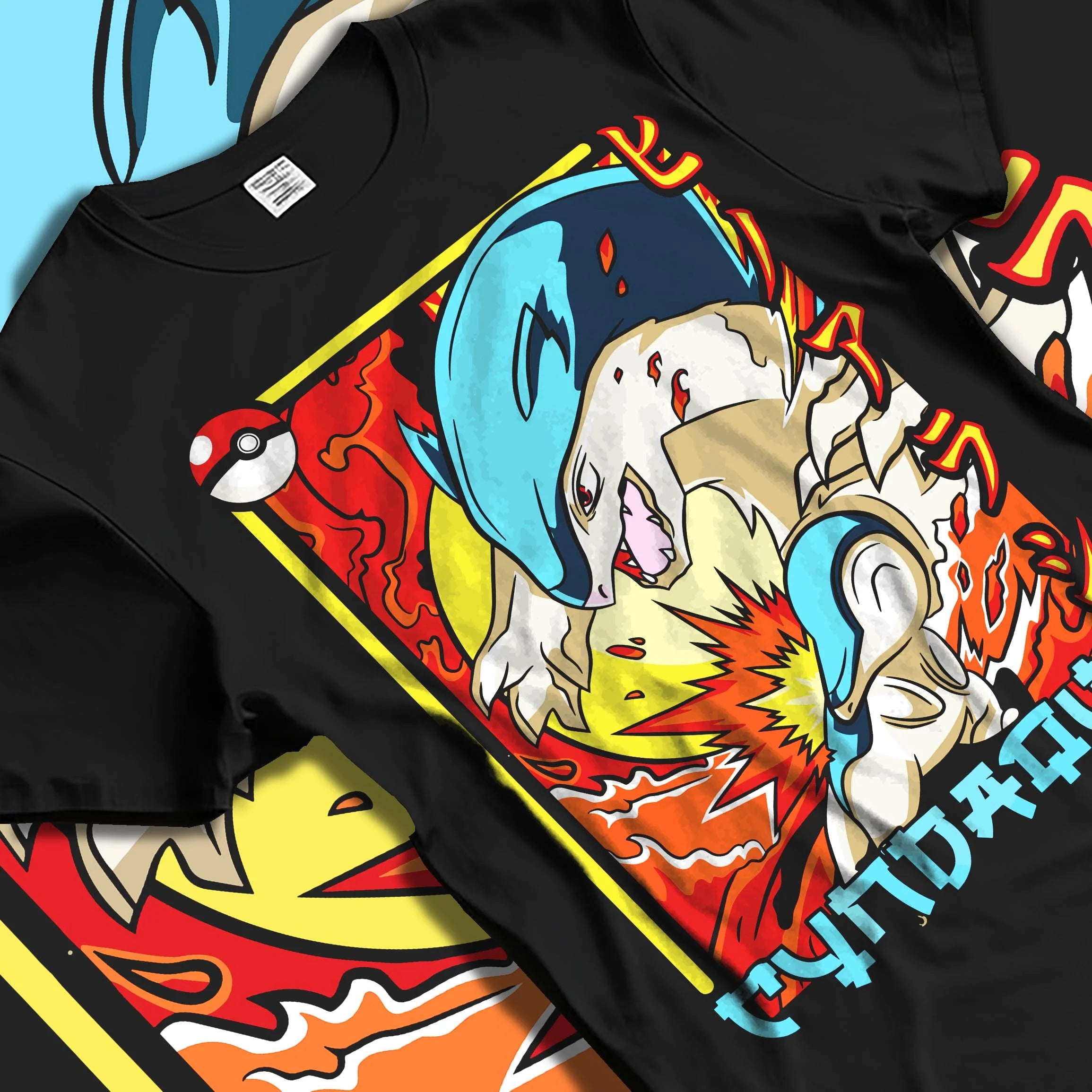 Black T-shirt laid flat with natural folds with Cyndaquil Hoodie Pokémon Retro Fire Starter Flame graphic premium wear.