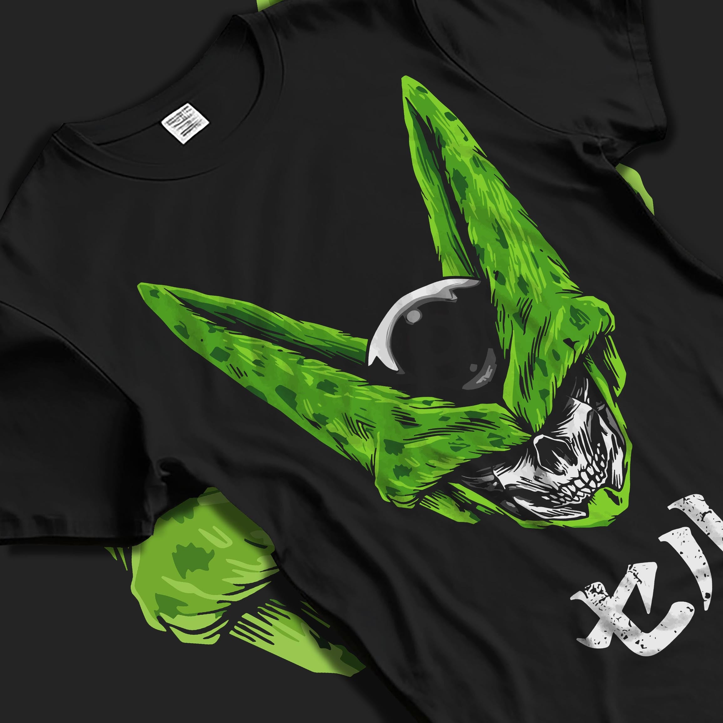 Black T-shirt laid flat with natural folds, featuring Dragon Ball Cell skull fusion anime poster inspired artwork in bold retro aesthetic style.