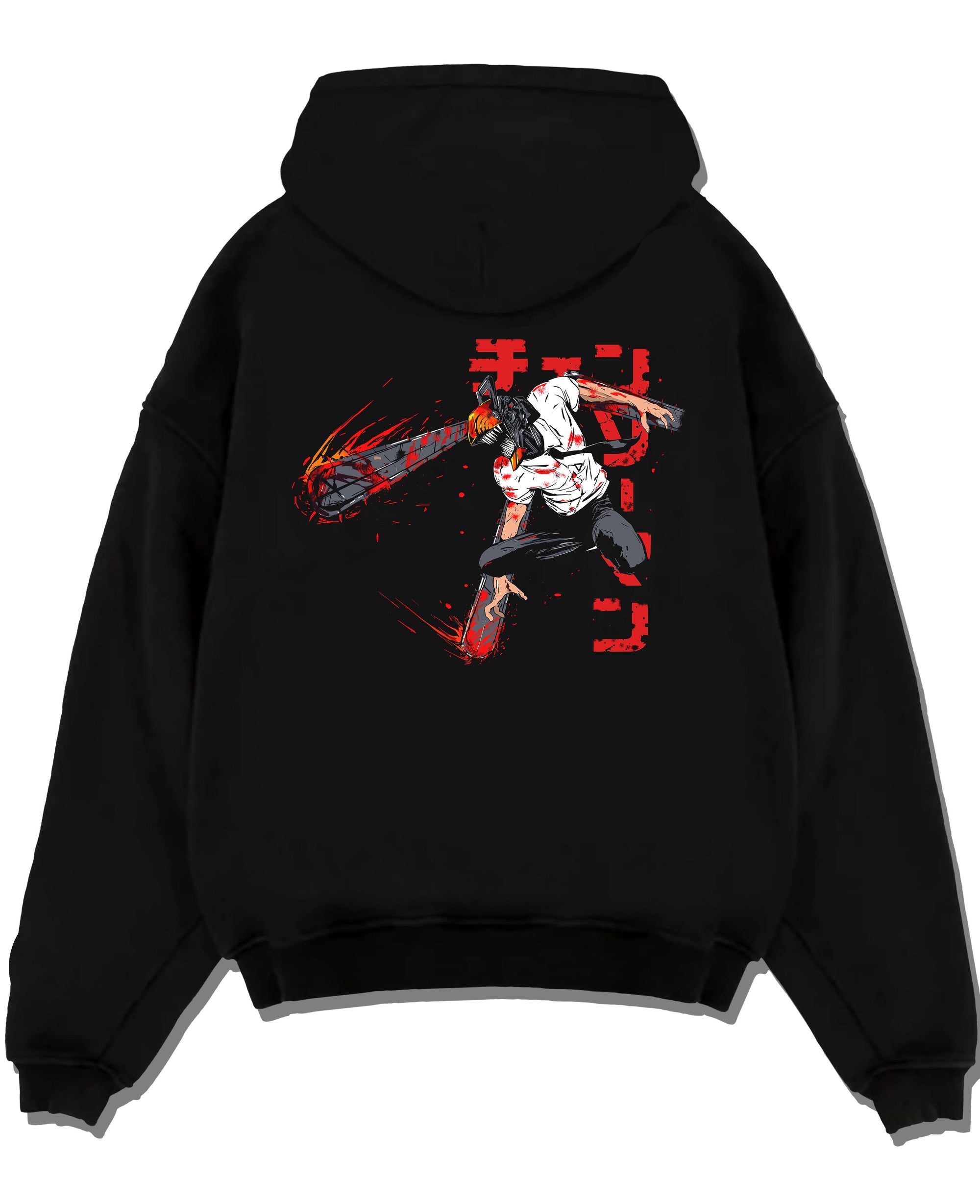 Black pullover hoodie laid flat on a white background, featuring Chainsaw Man Denji anime poster inspired design with dark manga panel artwork and Japanese streetwear style.