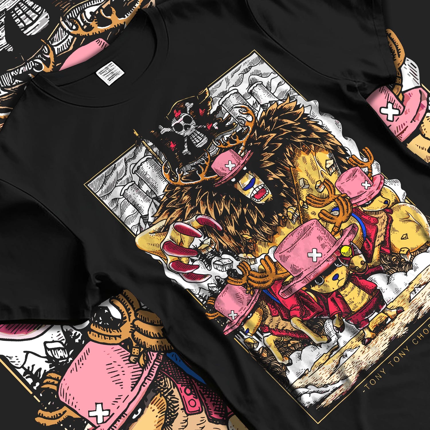 Black T-shirt laid flat with natural fabric folds, featuring One Piece Tony Tony Chopper anime poster inspired monster point artwork in bold retro manga graphic style.
