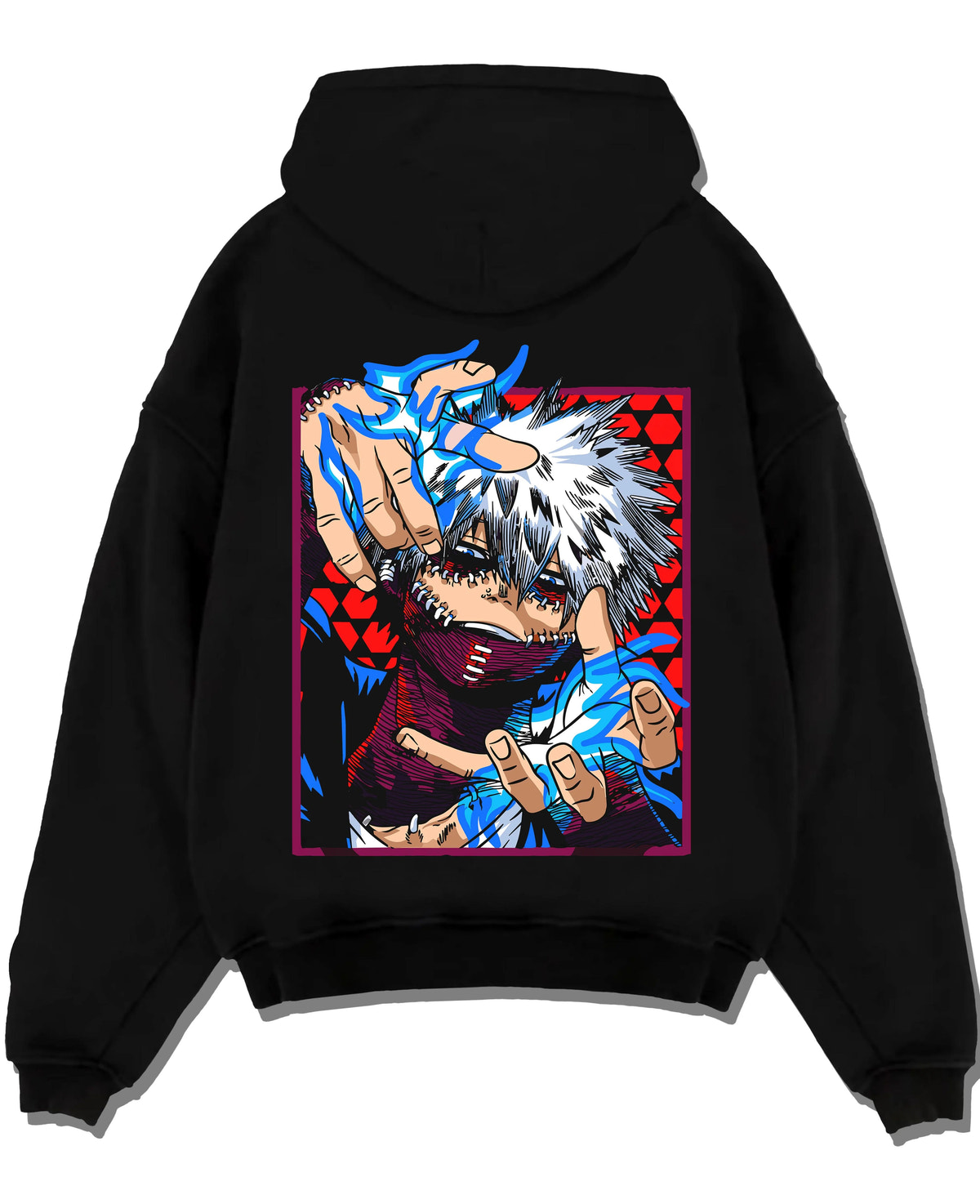 Black hoodie laid flat featuring Dabi My Hero Academia blue flame villain artwork.