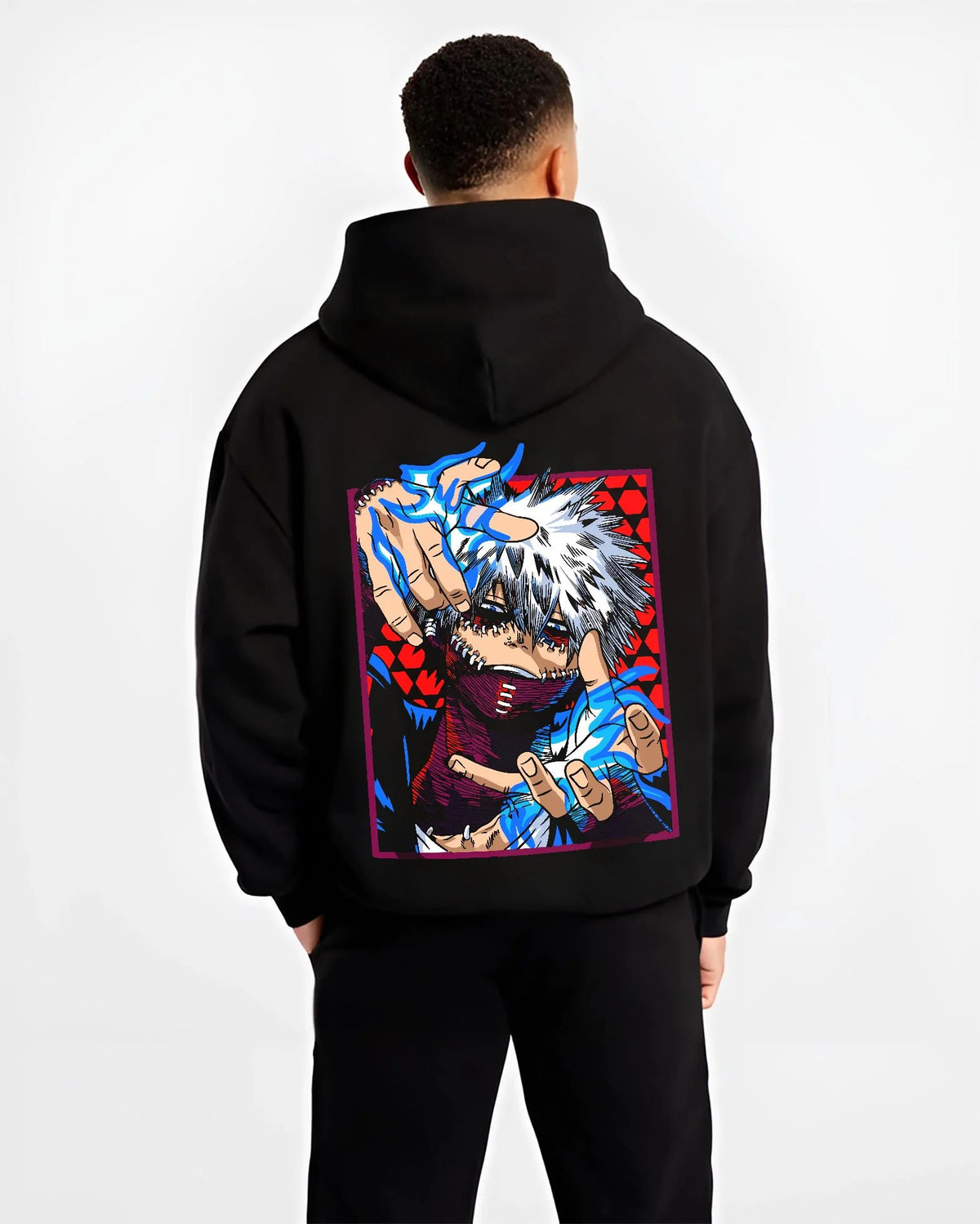 Black hoodie worn by male model from the back featuring Dabi My Hero Academia blue flame villain artwork.