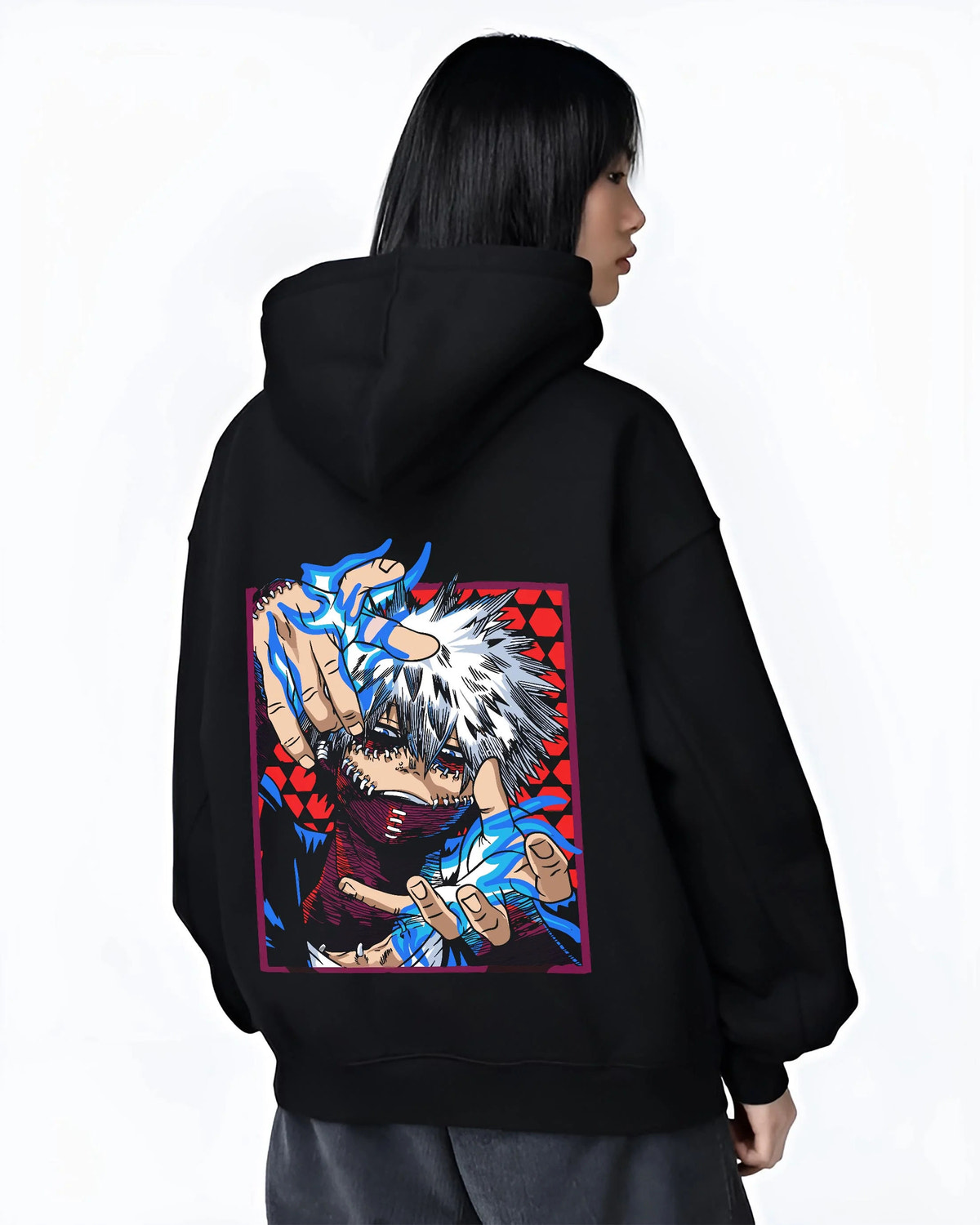 Black hoodie worn by female model from the back featuring Dabi My Hero Academia blue flame villain artwork.