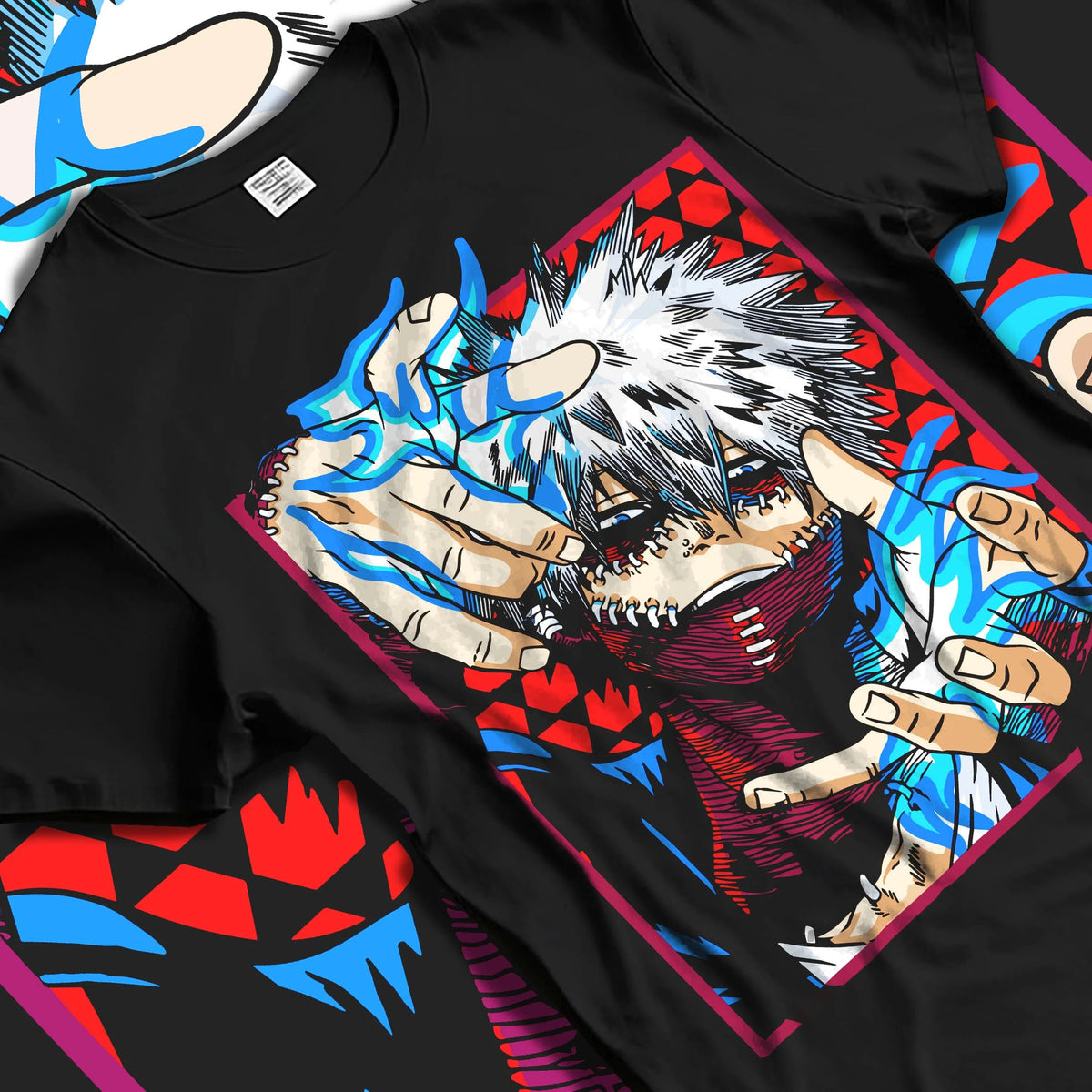 Black T-shirt laid flat with natural folds featuring Dabi My Hero Academia blue flame villain artwork.