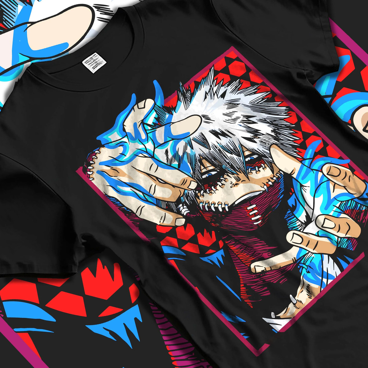 Black T-shirt laid flat with natural folds featuring Dabi My Hero Academia blue flame villain artwork.