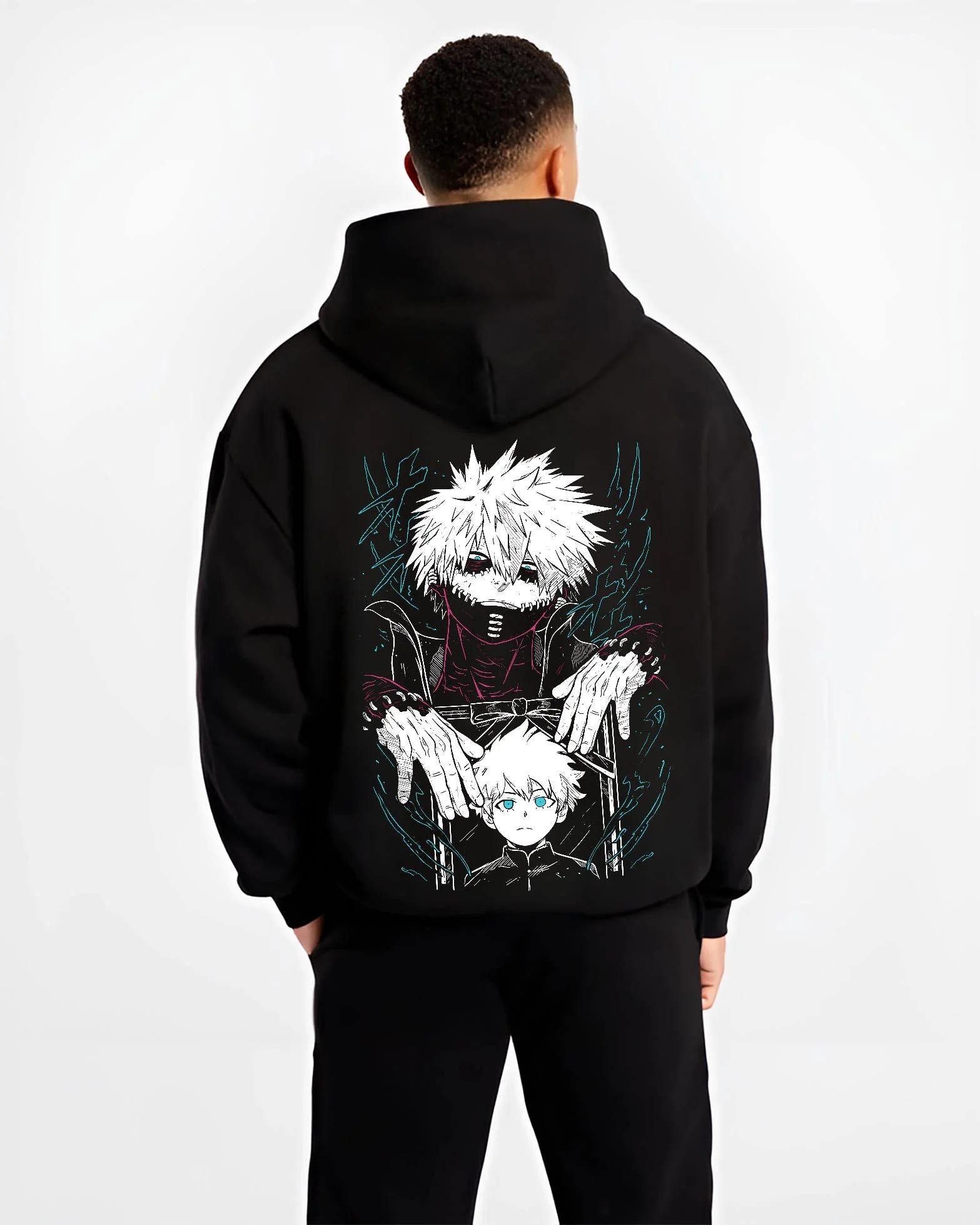 Black hoodie worn by male model, back view with Dabi Hoodie My Hero Academia Blue Flames Villain Art graphic Dabi themed artwork.