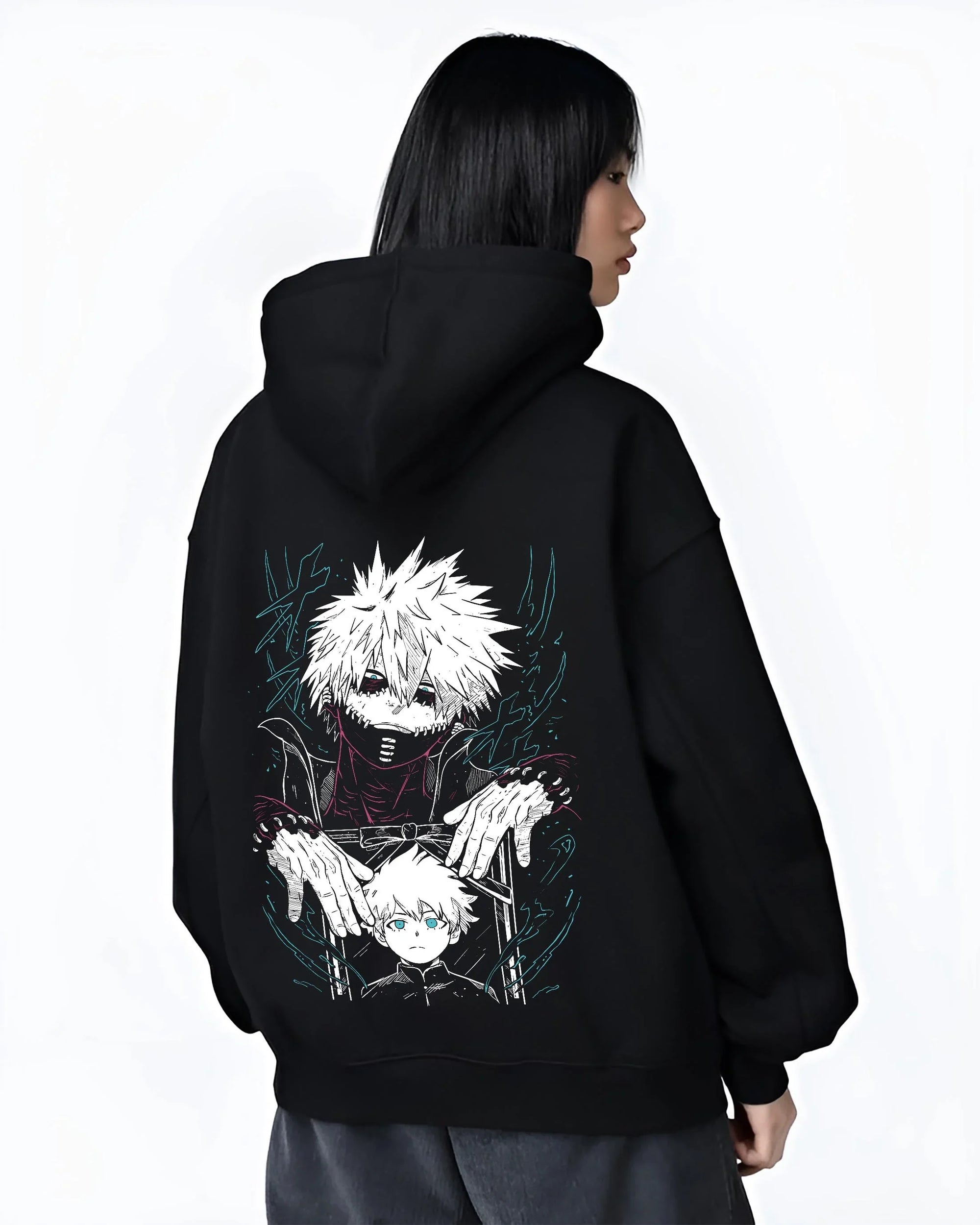Black hoodie worn by female model, back view with Dabi Hoodie My Hero Academia Blue Flames Villain Art graphic Dabi themed artwork.