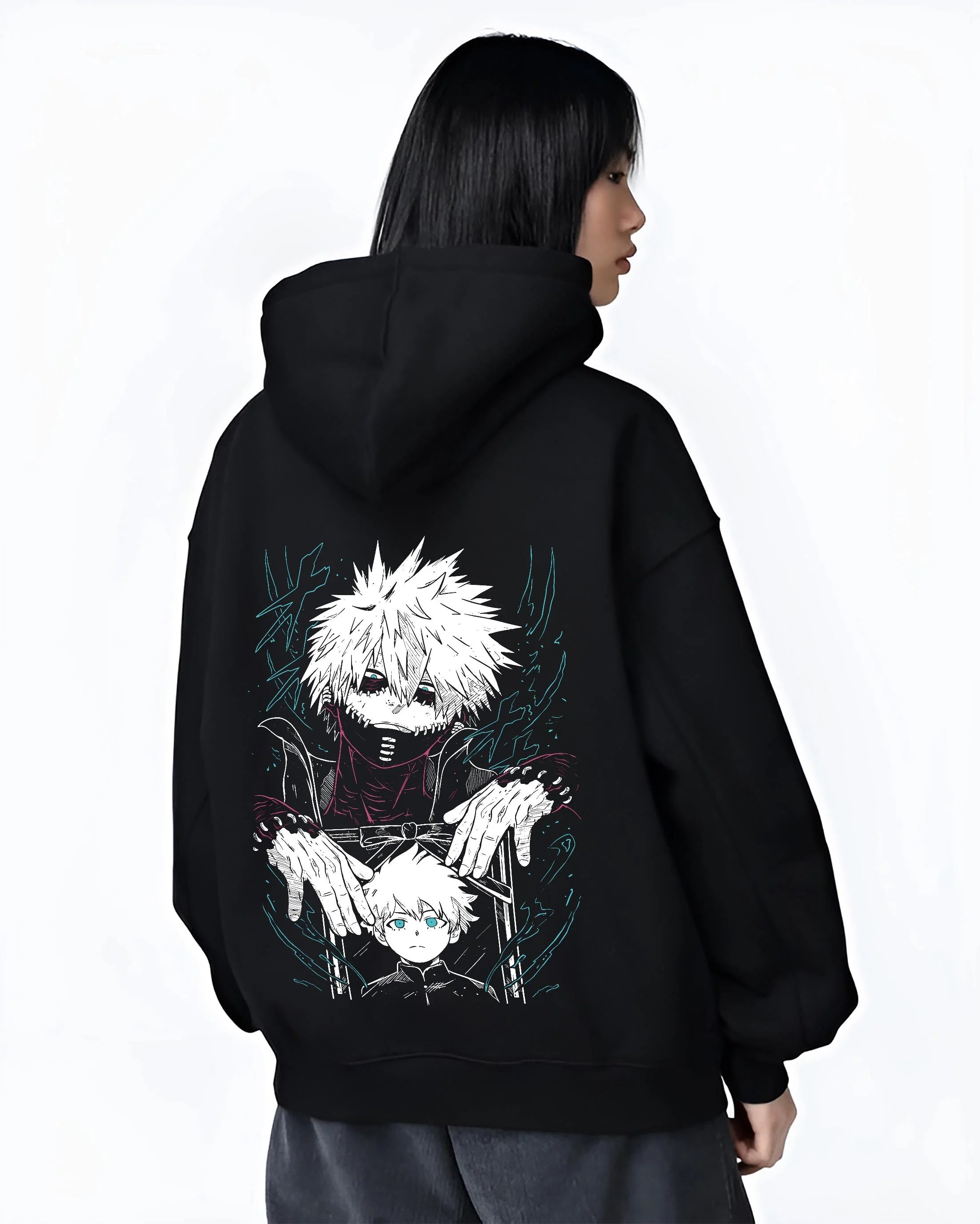Black hoodie worn by female model, back view with Dabi Hoodie My Hero Academia Blue Flames Villain Art graphic Dabi themed artwork.