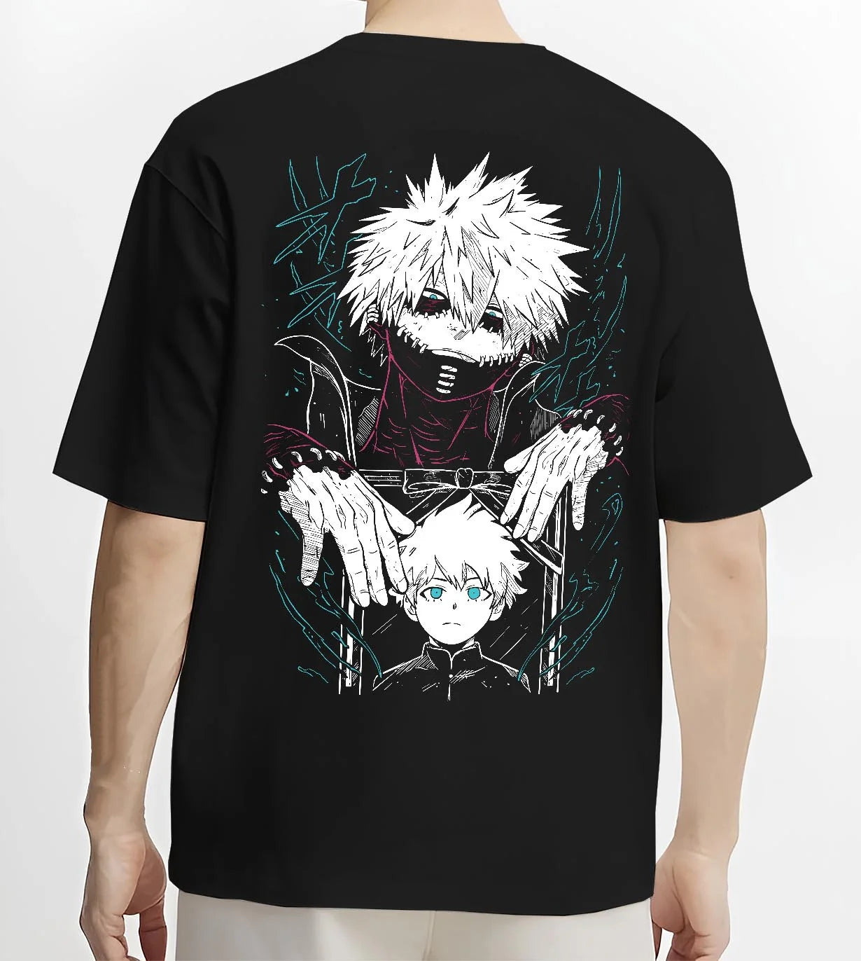 Black T-shirt worn by male model, back view with Dabi Hoodie My Hero Academia Blue Flames Villain Art graphic bold anime graphic.
