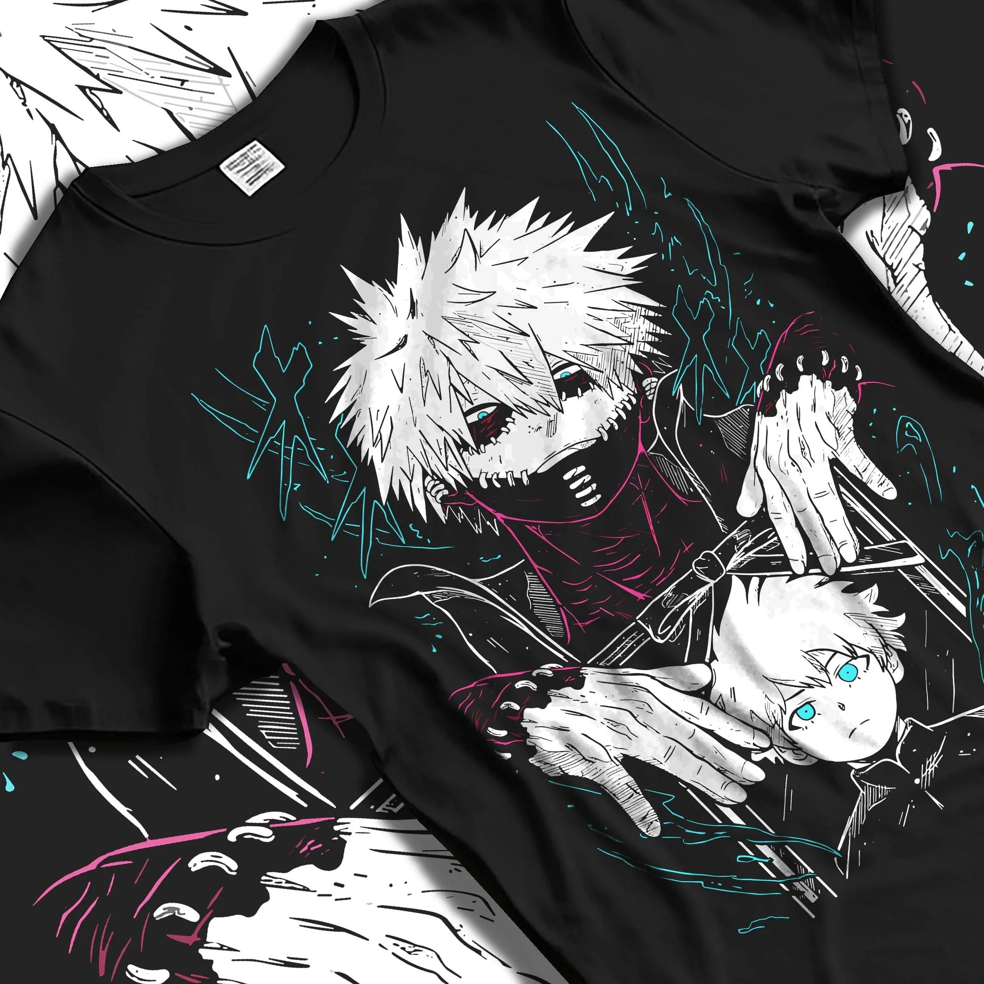 Black T-shirt laid flat with natural folds with Dabi Hoodie My Hero Academia Blue Flames Villain Art graphic Dabi themed artwork.