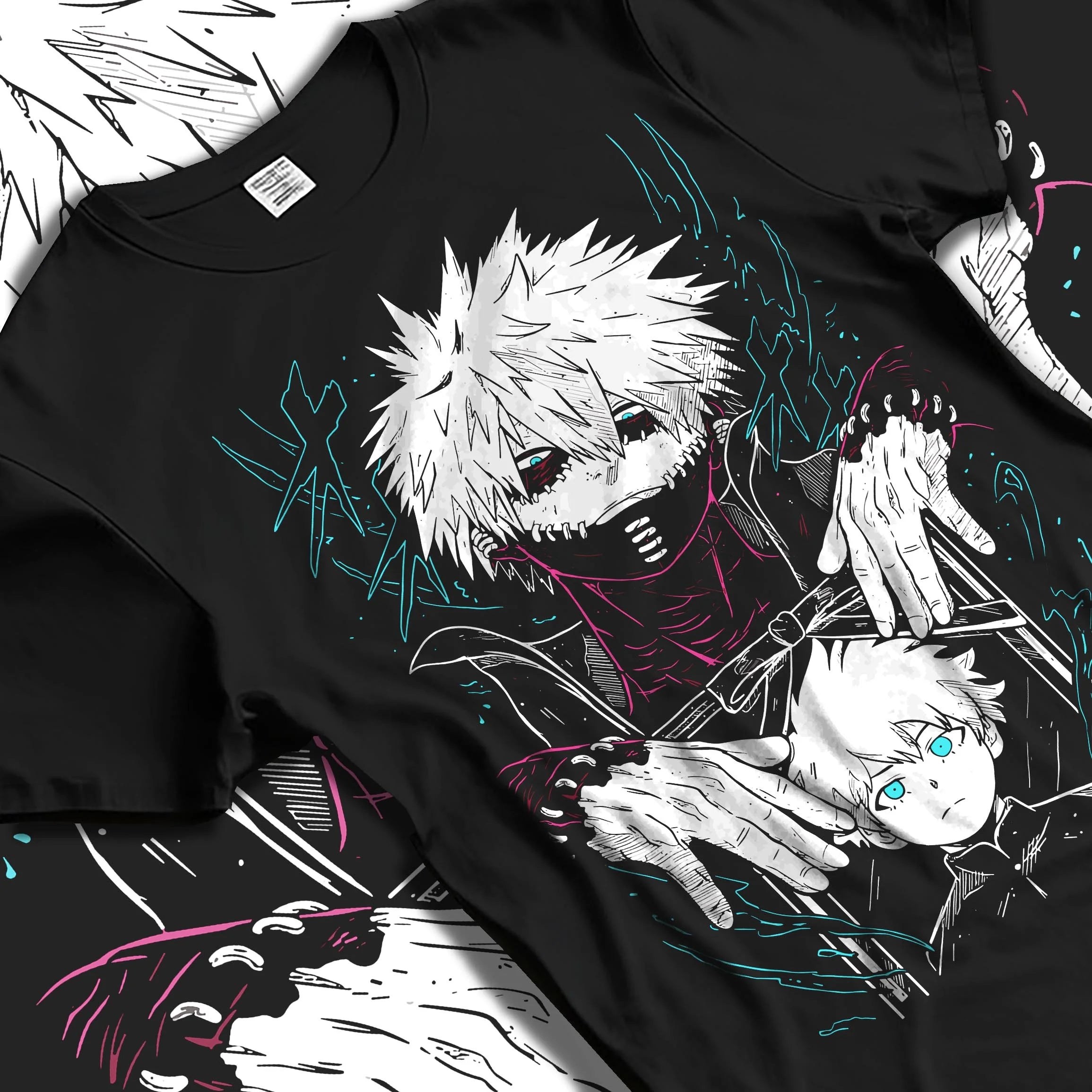 Black T-shirt laid flat with natural folds with Dabi Hoodie My Hero Academia Blue Flames Villain Art graphic Dabi themed artwork.