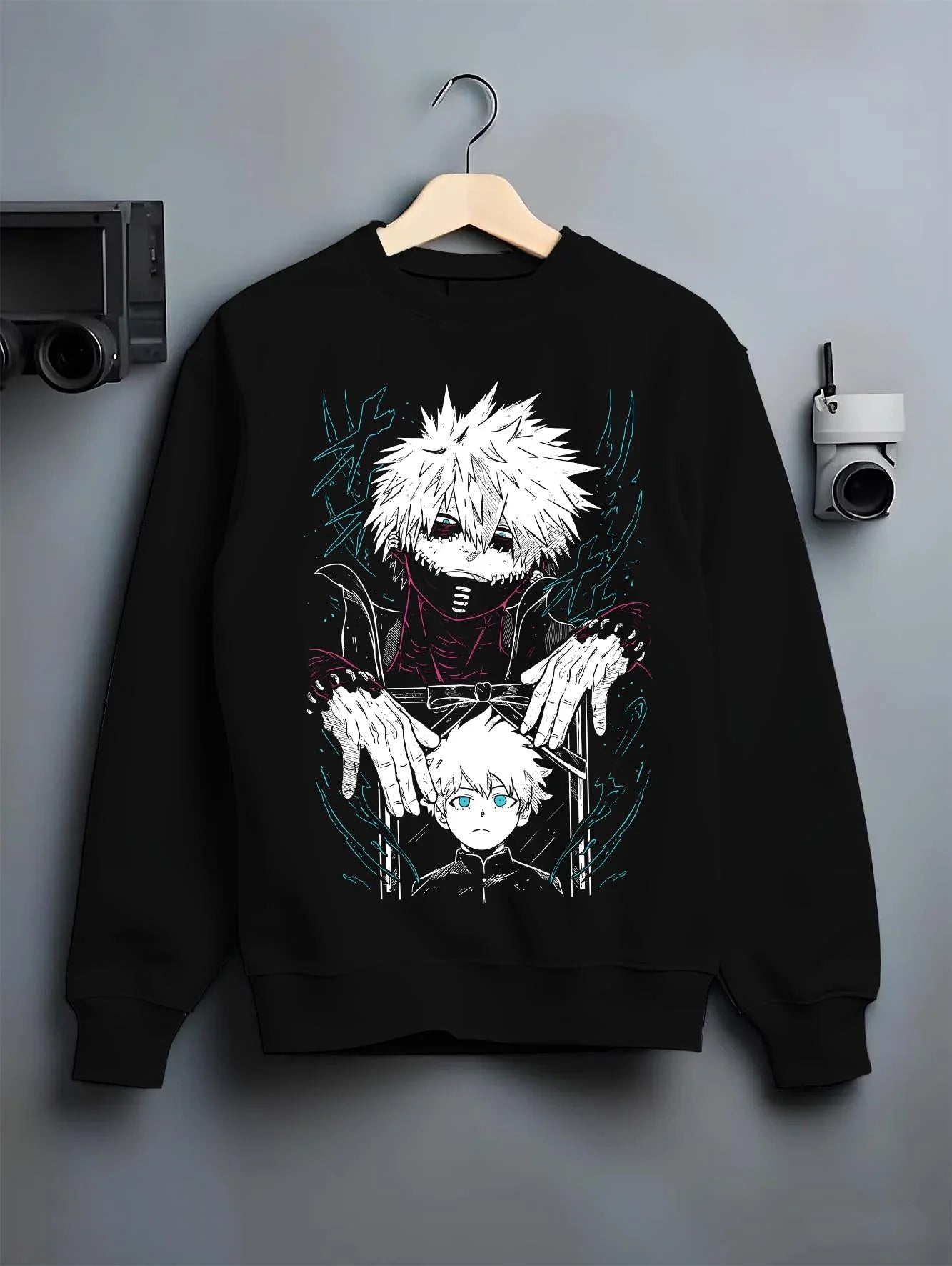 Black crewneck sweatshirt on hanger with Dabi Hoodie My Hero Academia Blue Flames Villain Art graphic premium wear.
