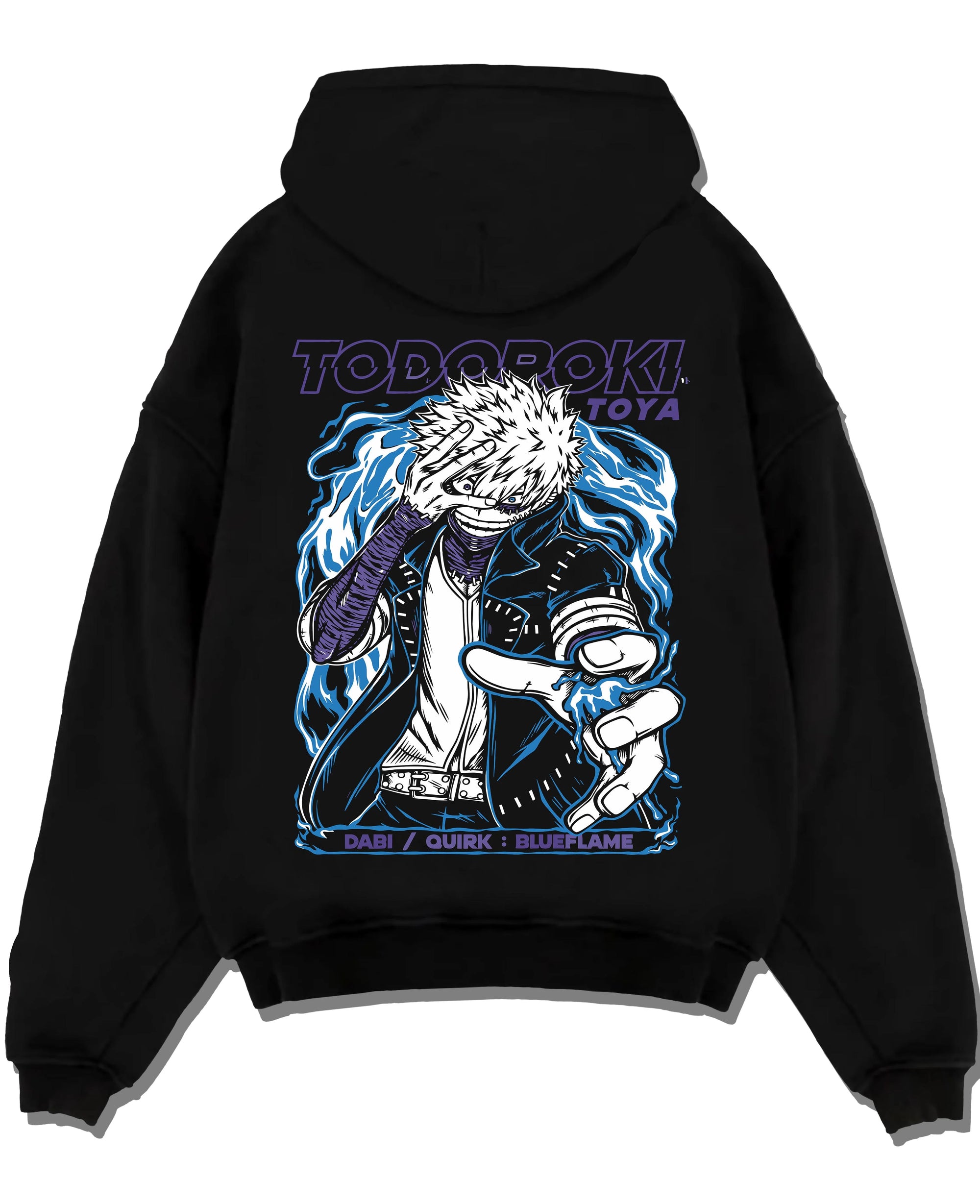 Black pullover hoodie laid flat with Dabi Hoodie My Hero Academia Blue Flame Quirk Power graphic Dabi anime design.