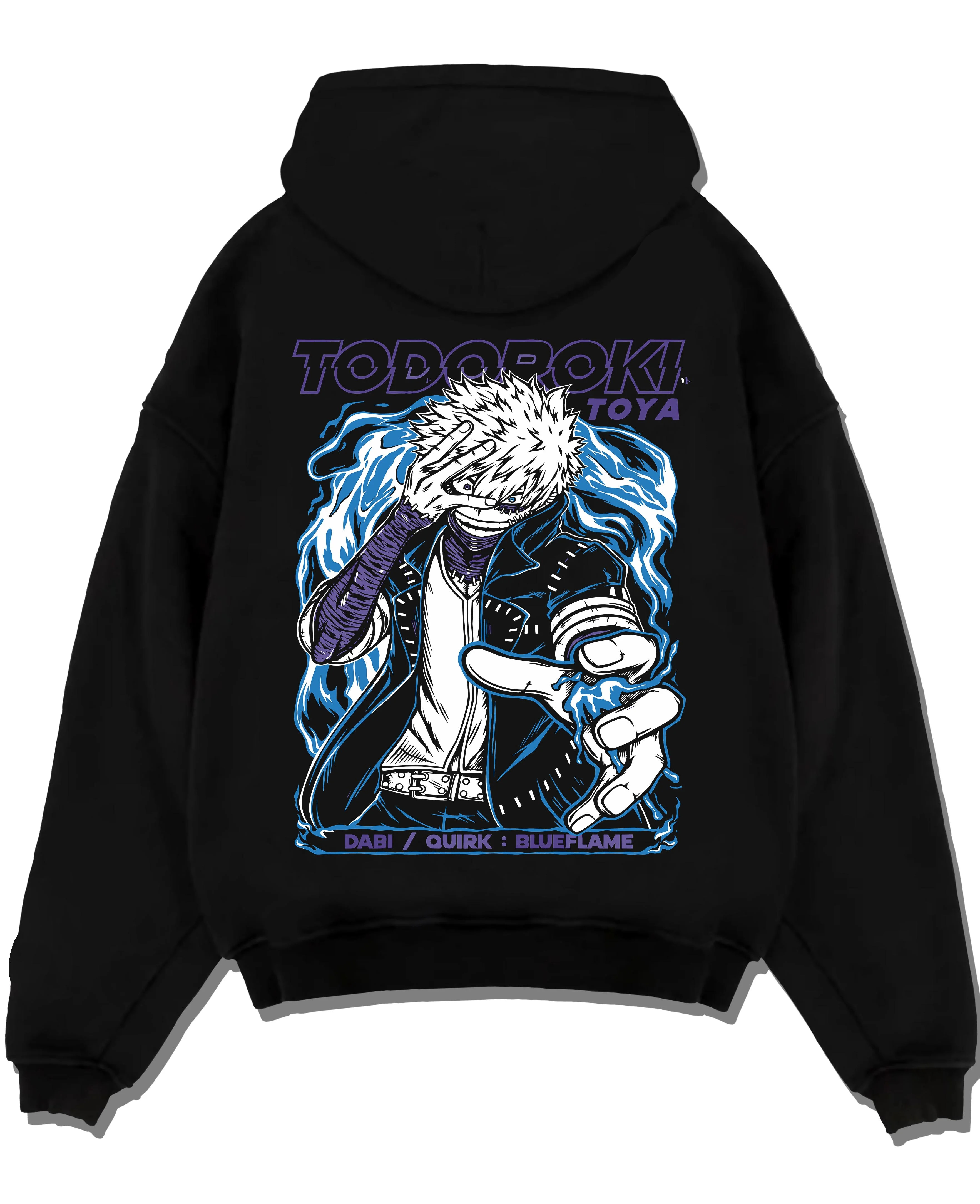 Black pullover hoodie laid flat with Dabi Hoodie My Hero Academia Blue Flame Quirk Power graphic Dabi anime design.