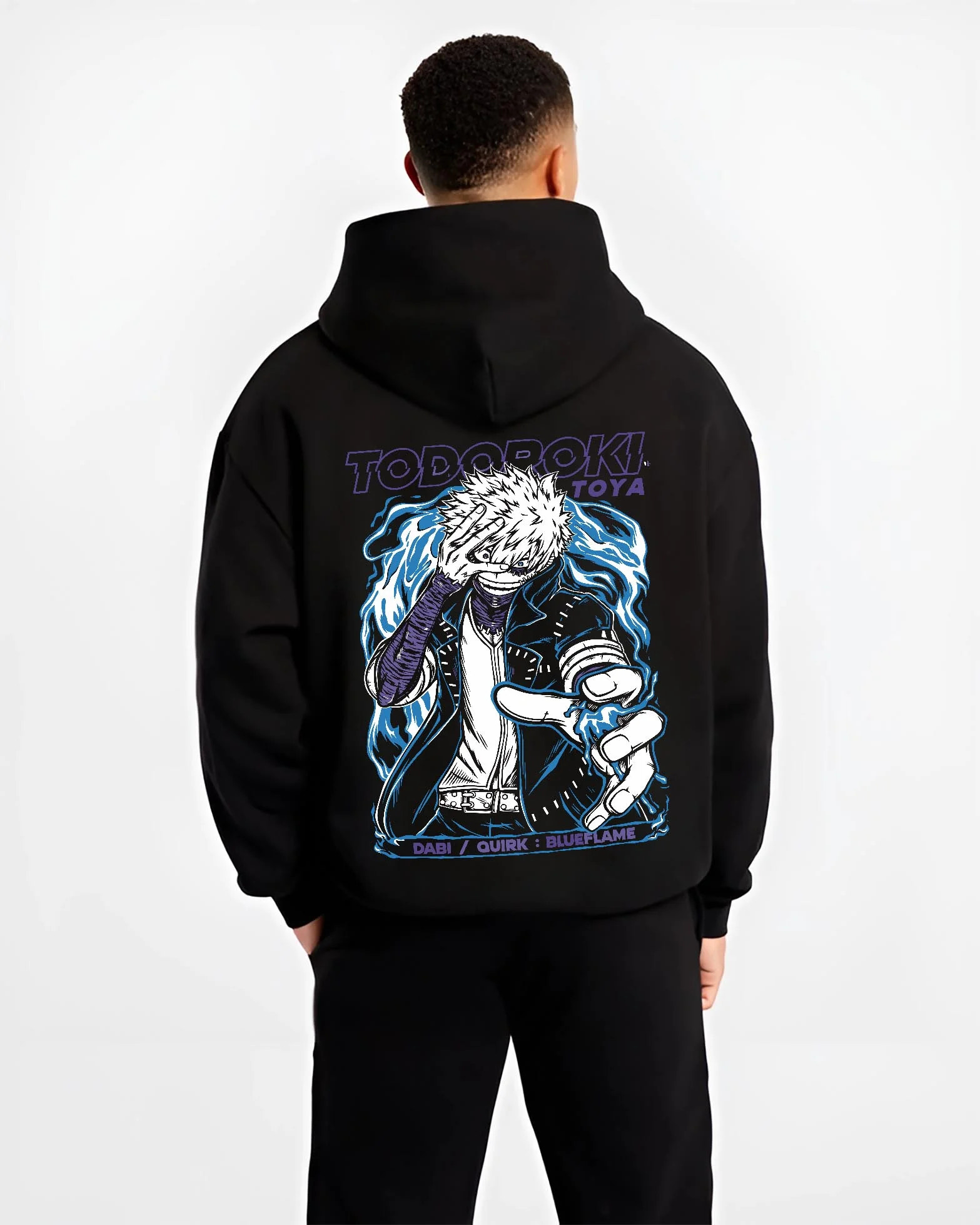 Black hoodie worn by male model, back view with Dabi Hoodie My Hero Academia Blue Flame Quirk Power graphic Dabi anime design.