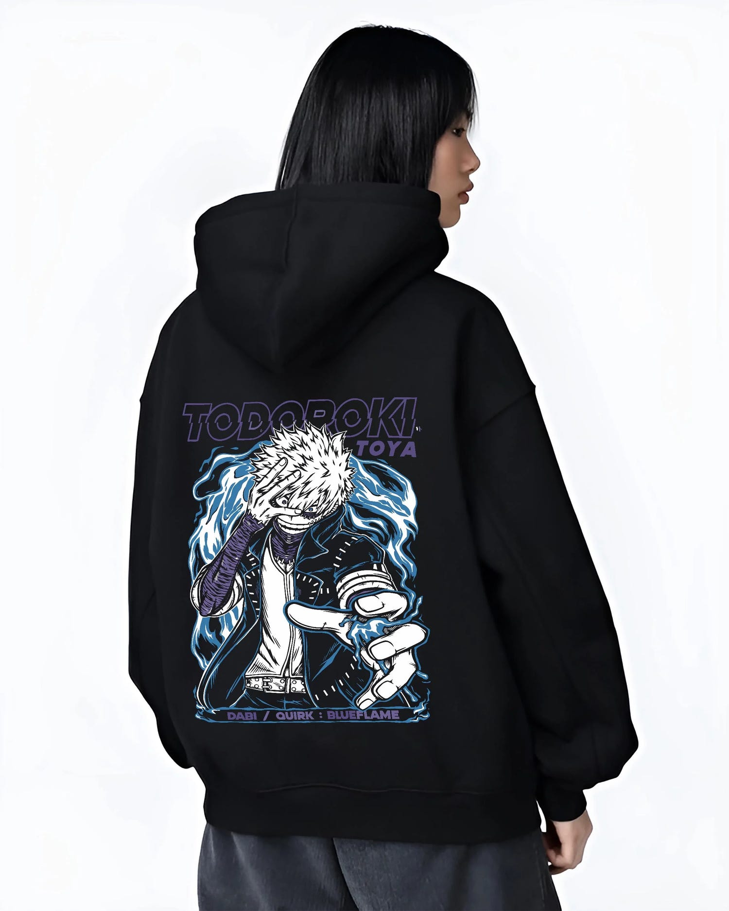 Black hoodie worn by female model, back view with Dabi Hoodie My Hero Academia Blue Flame Quirk Power graphic Dabi anime design.