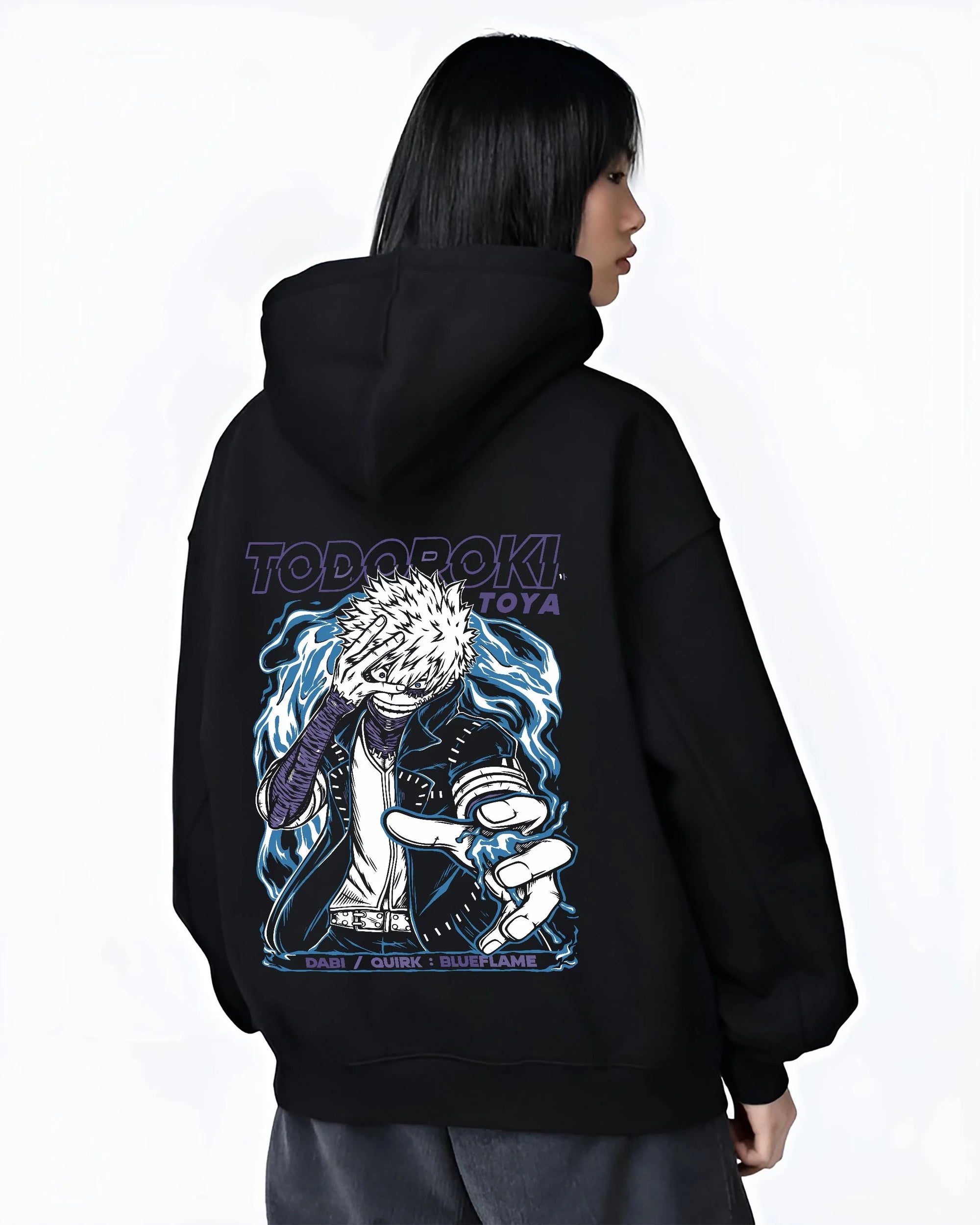 Black hoodie worn by female model, back view with Dabi Hoodie My Hero Academia Blue Flame Quirk Power graphic Dabi anime design.