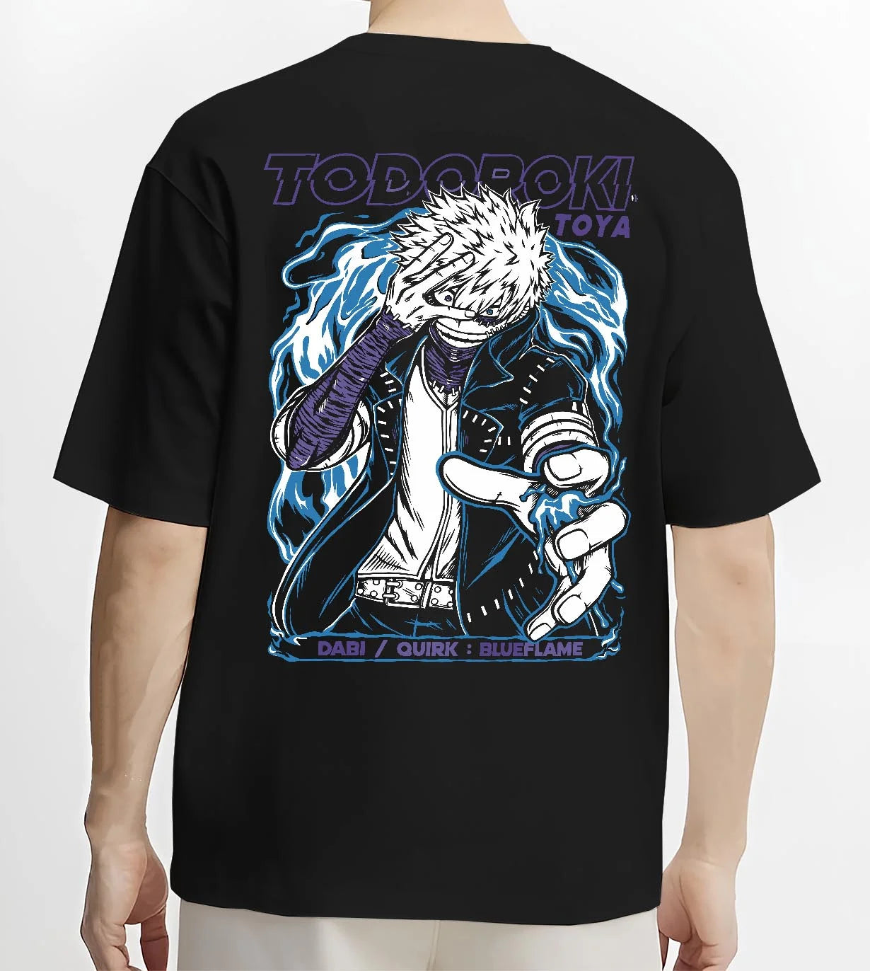 Black T-shirt worn by male model, back view with Dabi Hoodie My Hero Academia Blue Flame Quirk Power graphic bold anime graphic.