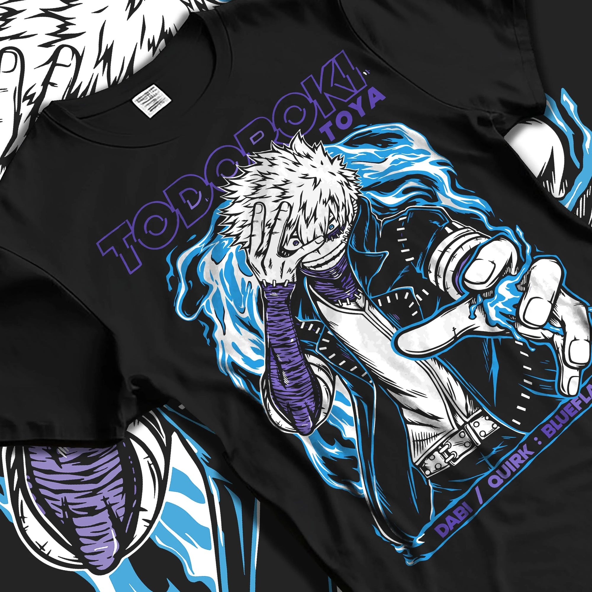 Black T-shirt laid flat with natural folds with Dabi Hoodie My Hero Academia Blue Flame Quirk Power graphic Dabi anime design.