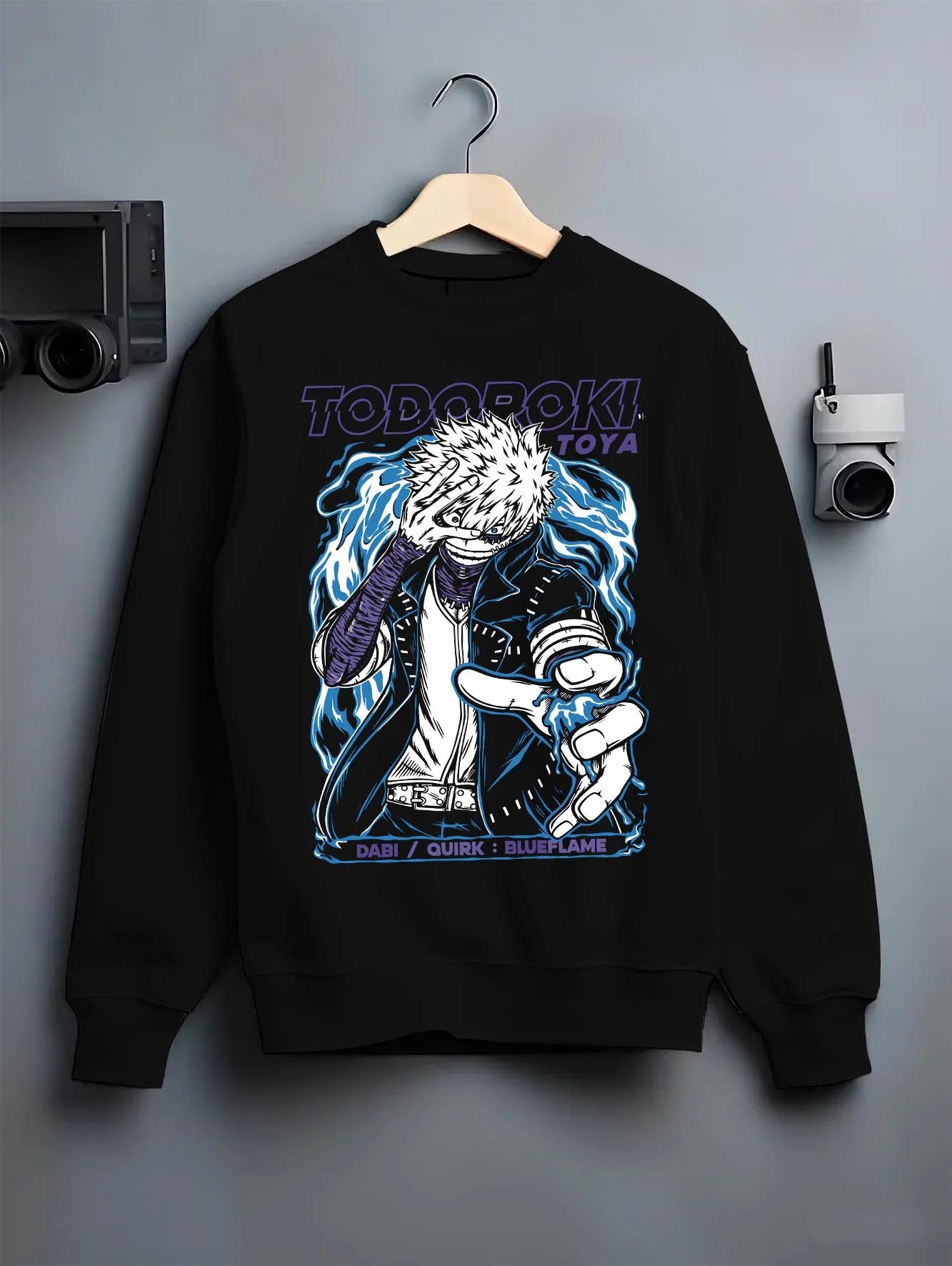 Black crewneck sweatshirt on hanger with Dabi Hoodie My Hero Academia Blue Flame Quirk Power graphic Dabi themed artwork.