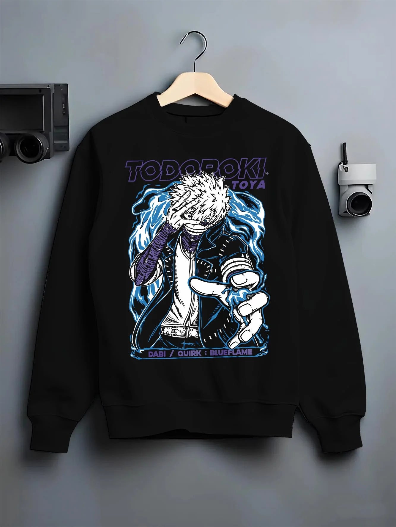 Black crewneck sweatshirt on hanger with Dabi Hoodie My Hero Academia Blue Flame Quirk Power graphic Dabi themed artwork.