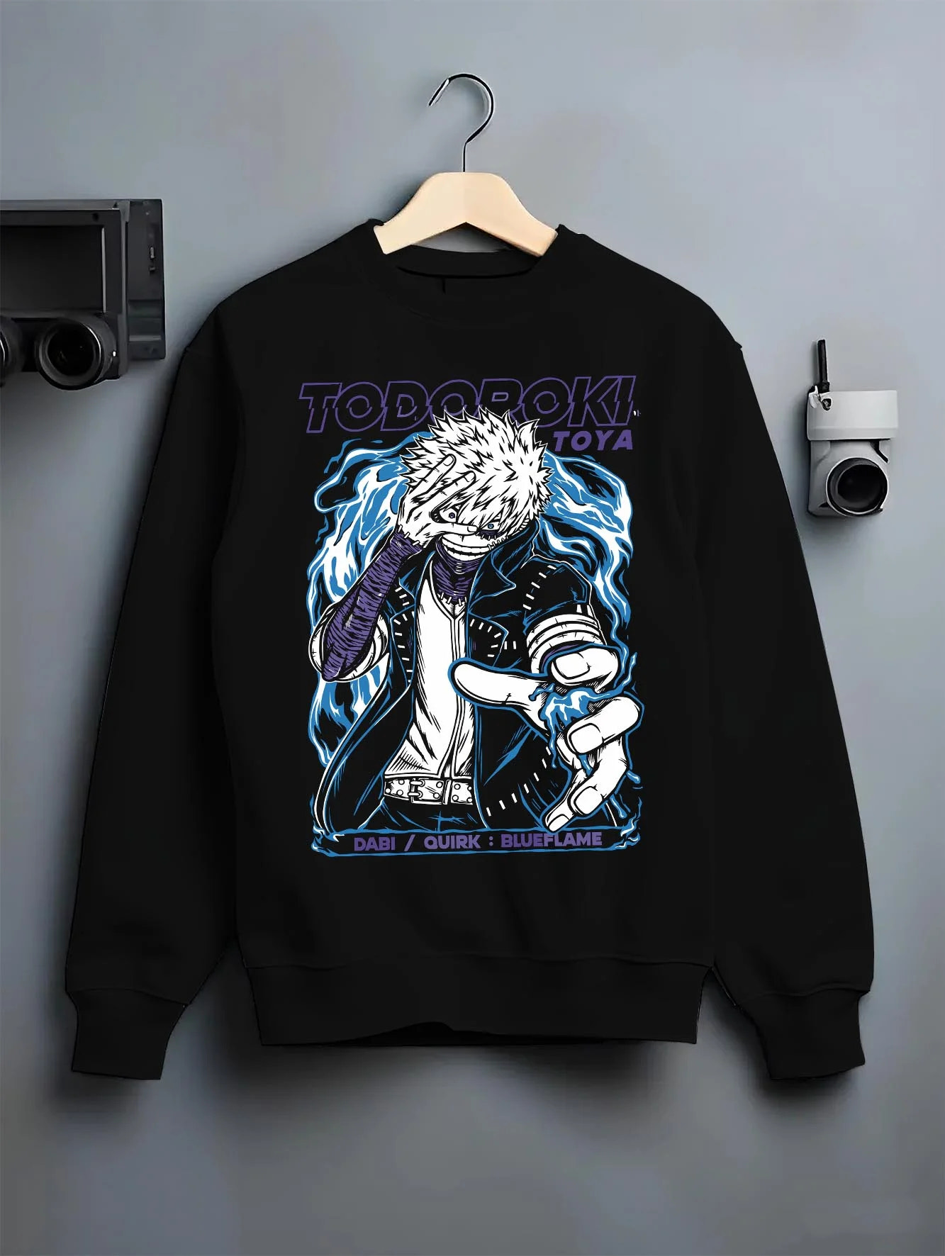 Black crewneck sweatshirt on hanger with Dabi Hoodie My Hero Academia Blue Flame Quirk Power graphic Dabi themed artwork.