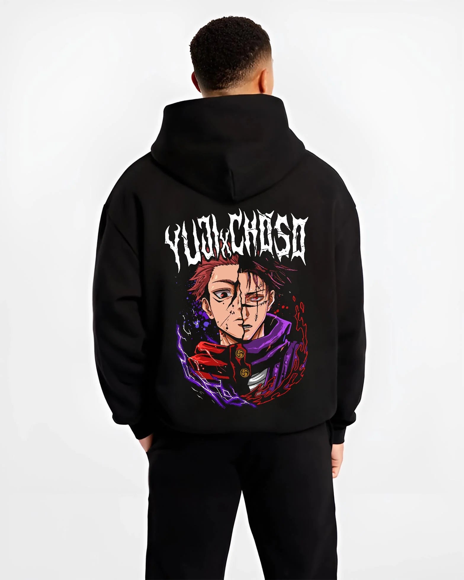 Black hoodie worn by male model, back view with Jujutsu Kaisen Hoodie Dagon Cursed Spirit Jumper graphic bold anime graphic.
