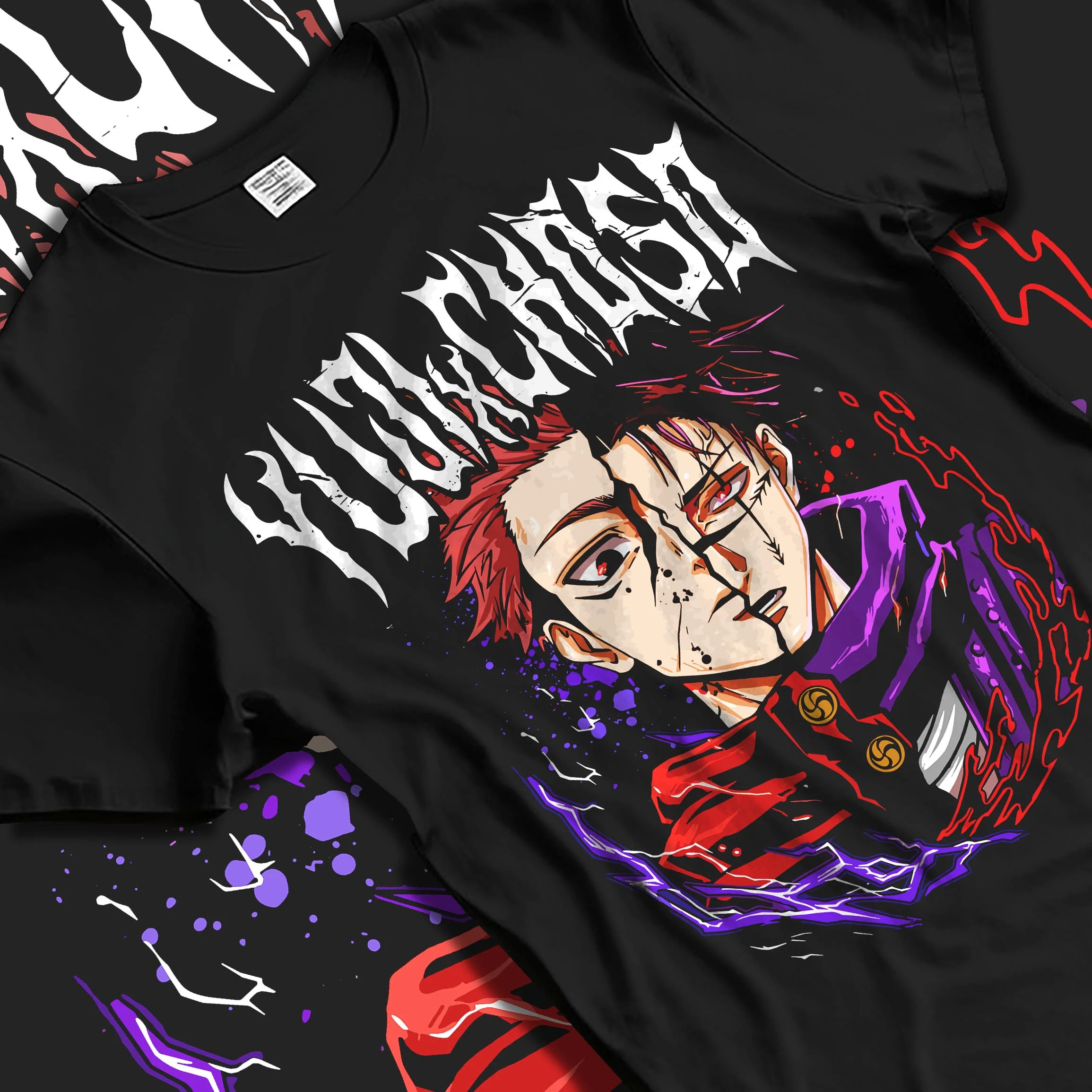 Black T-shirt laid flat with natural folds with Jujutsu Kaisen Hoodie Dagon Cursed Spirit Jumper graphic bold anime graphic.