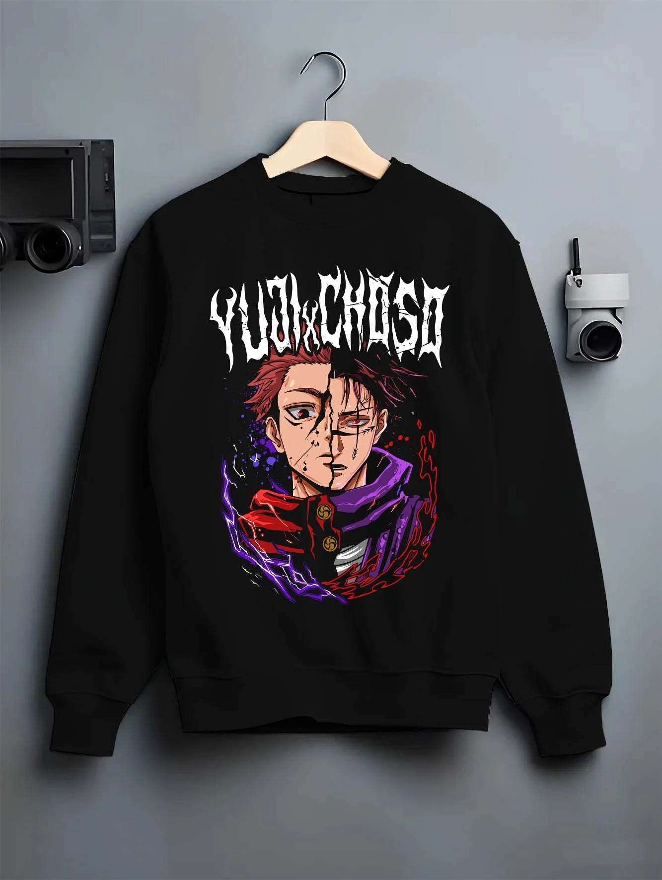 Black crewneck sweatshirt on hanger with Jujutsu Kaisen Hoodie Dagon Cursed Spirit Jumper graphic Dagon anime design.