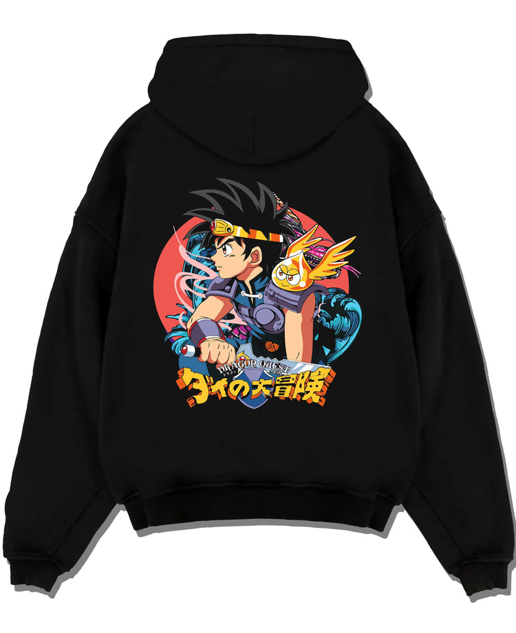 Black pullover hoodie laid flat with Dai Hoodie Dragon Quest Hero Sword Retro Anime Print graphic bold anime graphic.