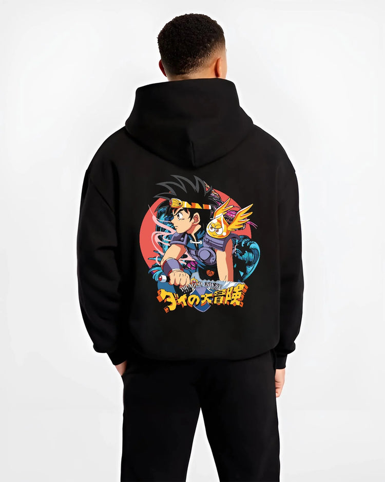 Black hoodie worn by male model, back view with Dai Hoodie Dragon Quest Hero Sword Retro Anime Print graphic Dai themed artwork.