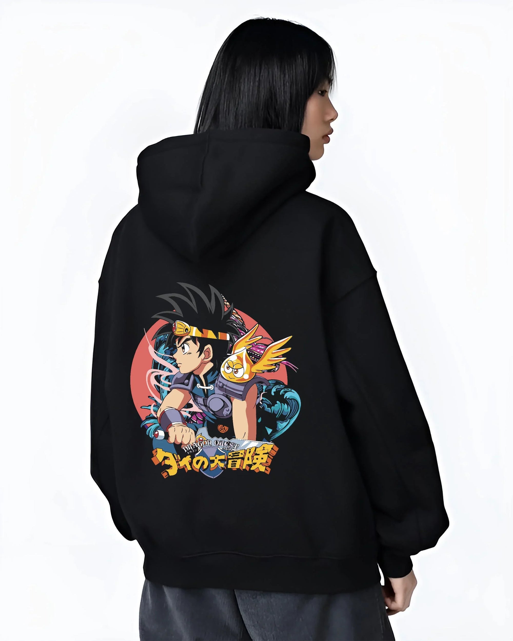 Black hoodie worn by female model, back view with Dai Hoodie Dragon Quest Hero Sword Retro Anime Print graphic Dai themed artwork.