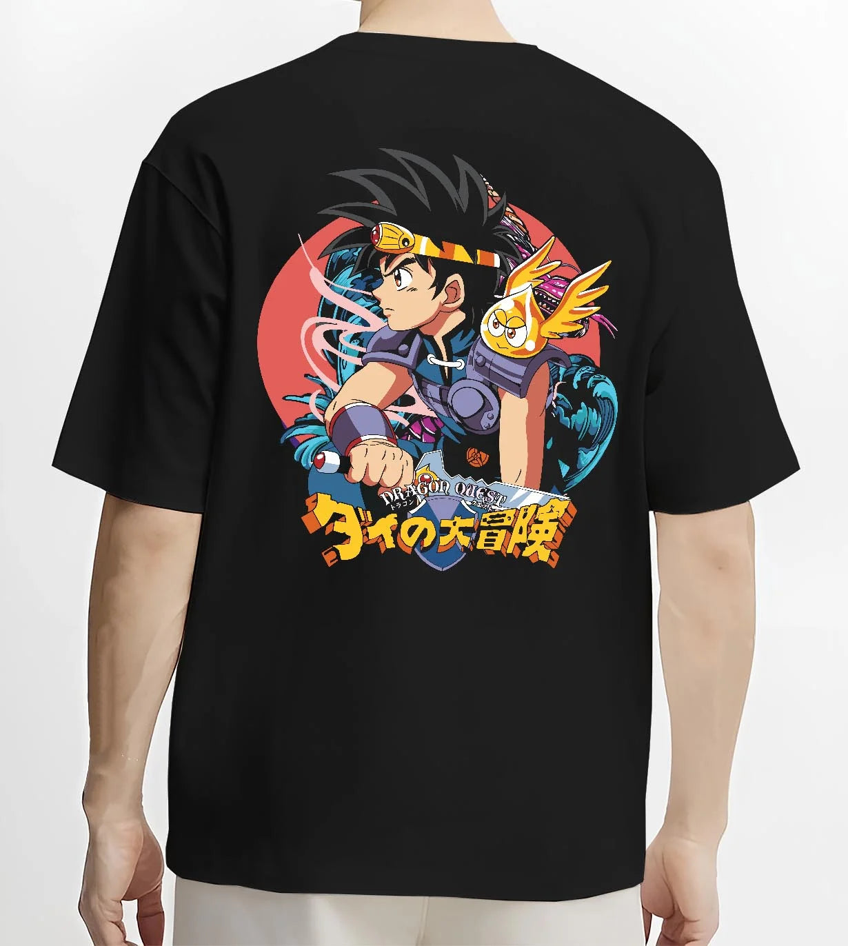 Black T-shirt worn by male model, back view with Dai Hoodie Dragon Quest Hero Sword Retro Anime Print graphic streetwear graphic.