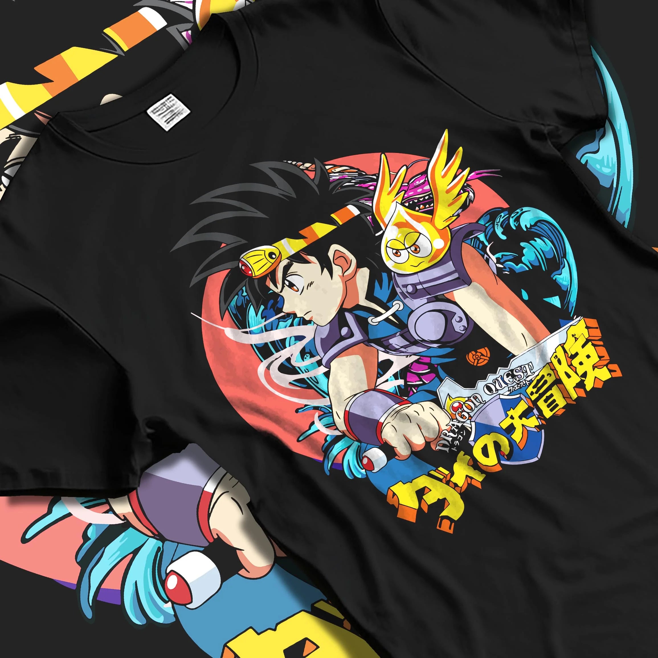 Black T-shirt laid flat with natural folds with Dai Hoodie Dragon Quest Hero Sword Retro Anime Print graphic premium wear.
